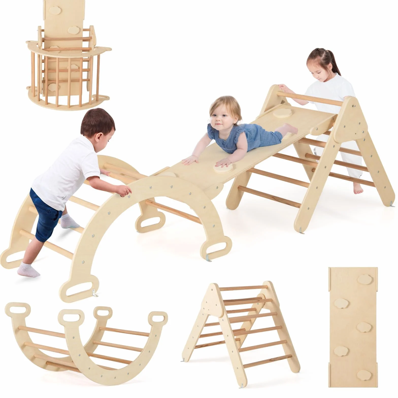 COSTWAY 4 in 1 Set da Arrampicata per Bambini, Giocattoli da Arrampicata a Triangolo con Triangolo Arco e Salita, Ideale per Bambini 1 Anni + (Naturale)