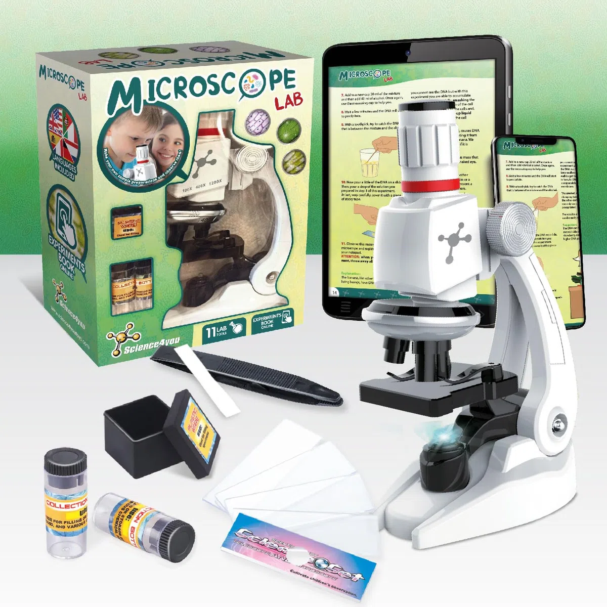 Science4you Microscopio Lab: Microscopio per Bambini + Manuale con Esperimenti + 11 Strumenti di Laboratorio, Gioco e Regalo per Bambini 6 7 8 9 10 11 12+ Anni