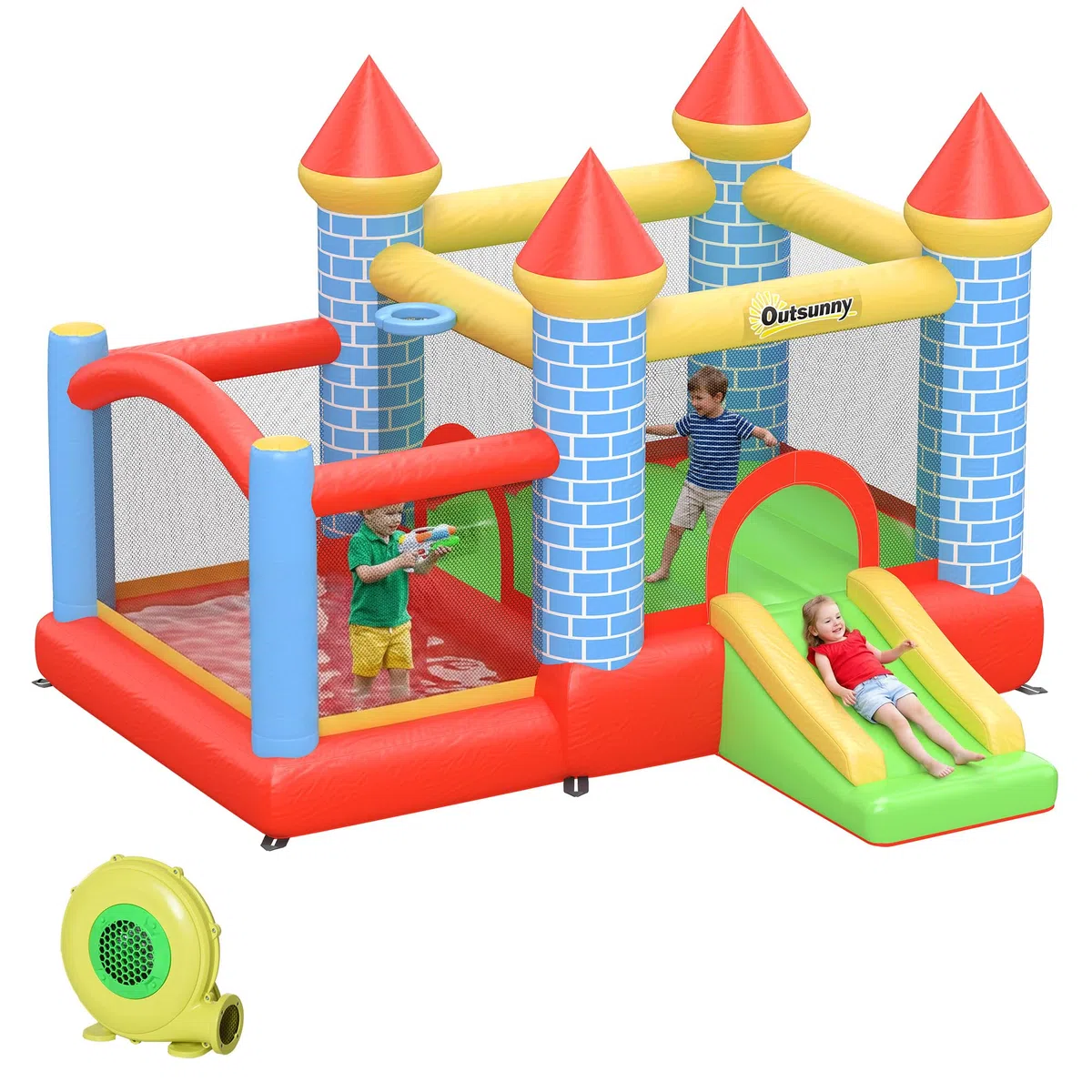 Outsunny Castello Gonfiabile Gigante e Rimbalzante per Bambini 3-8 Anni con Scivolo, Piscina e Canestro, 280cmx260cmx210cm