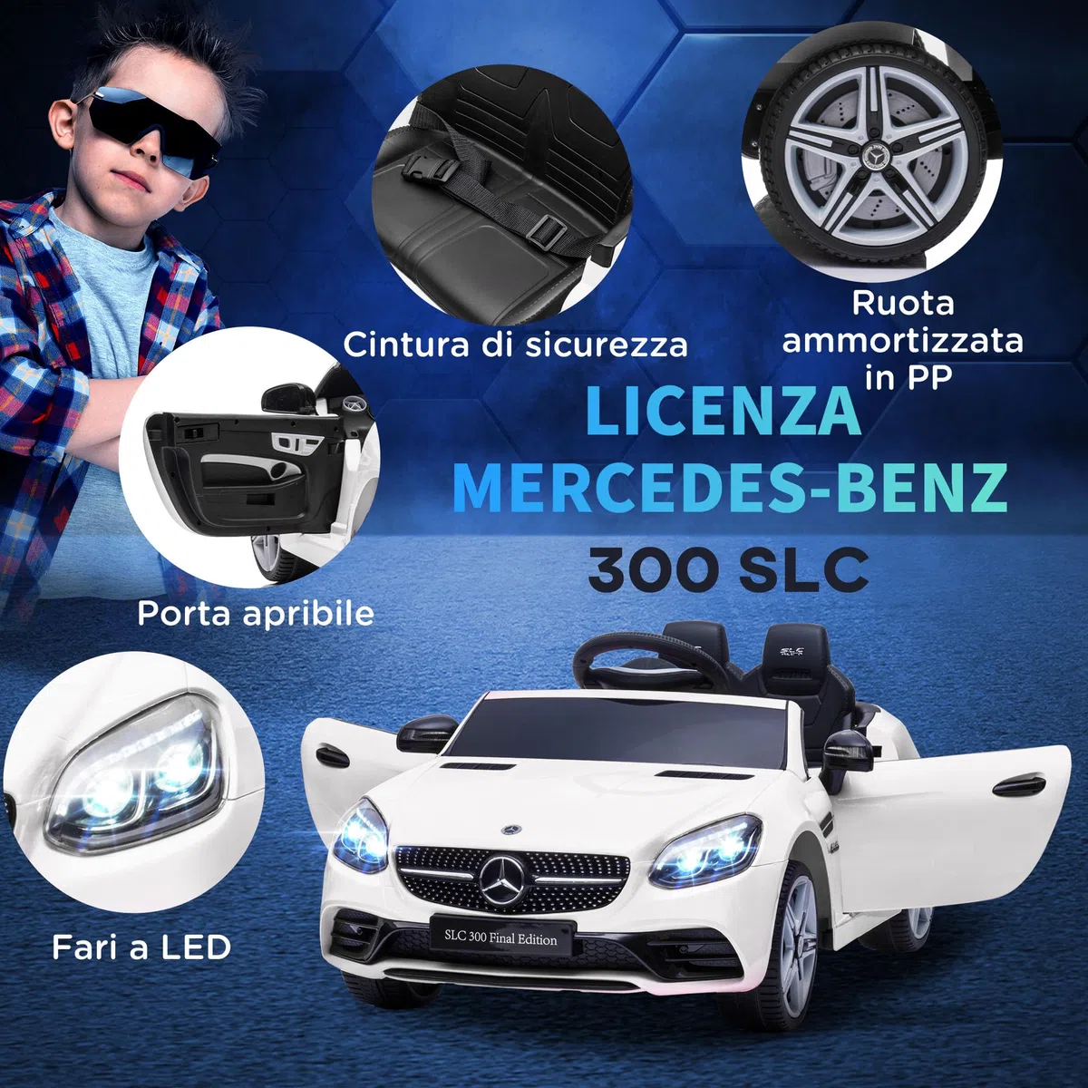 AIYAPLAY Macchina Elettrica per Bambini 3-6 Anni 12V Licenza Mercedes SLC 300, 3-5km/h Auto Elettrica per Bambini con 2 Motori, Sospensioni, Telecomando, Musica, Clacson e Fari, in PP Metallo, Bianco