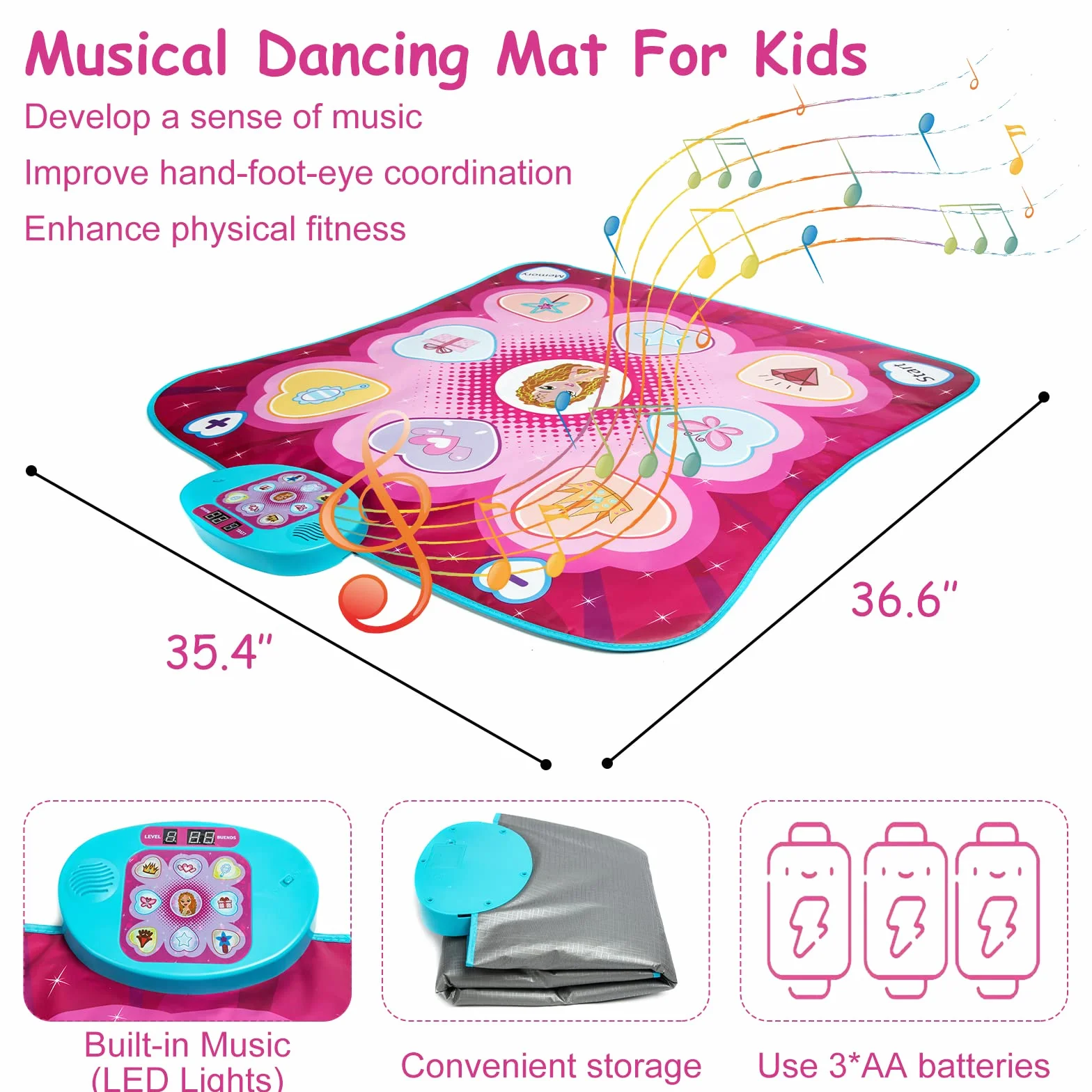 JUYOUNGA Tappetino da Ballo per Bambini, Tappetini da Ballo Bambina Giocattolo Tappeto Musicale da Ballo, modalità Piano,Volume Regolabile,Regali Compleanno per Ragazzi Ragazze 3 4 5 6+