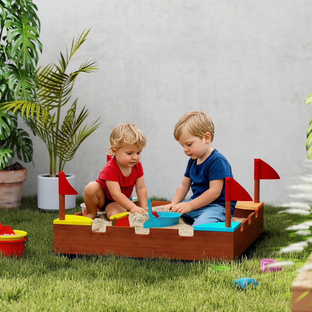 AIYAPLAY Sabbiera per Bambini 3-7 Anni a Forma di Castello con 4 Sedute con Bandierine, Sabbionaia per Bambini in Legno di Abete, 90x90x17 cm, Multicolore