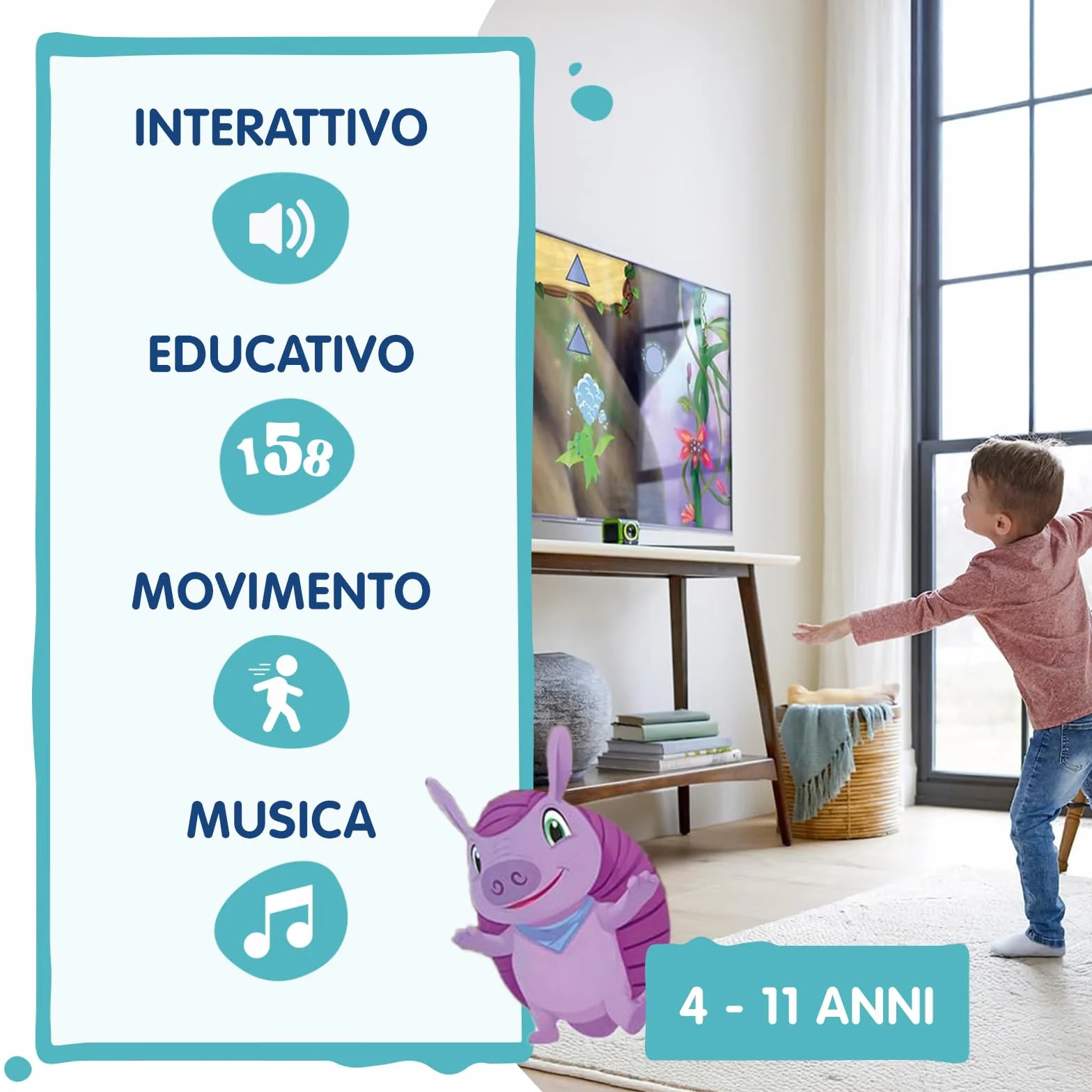 VTech LeapMove, Console TV Interattiva per Bambini, Rileva i Movimenti Senza Controller, Pronta all'Uso, 25 Giochi Educativi, 3 Profili Giocatore, Lingua Italiana, Cavi Inclusi, 4-11 Anni