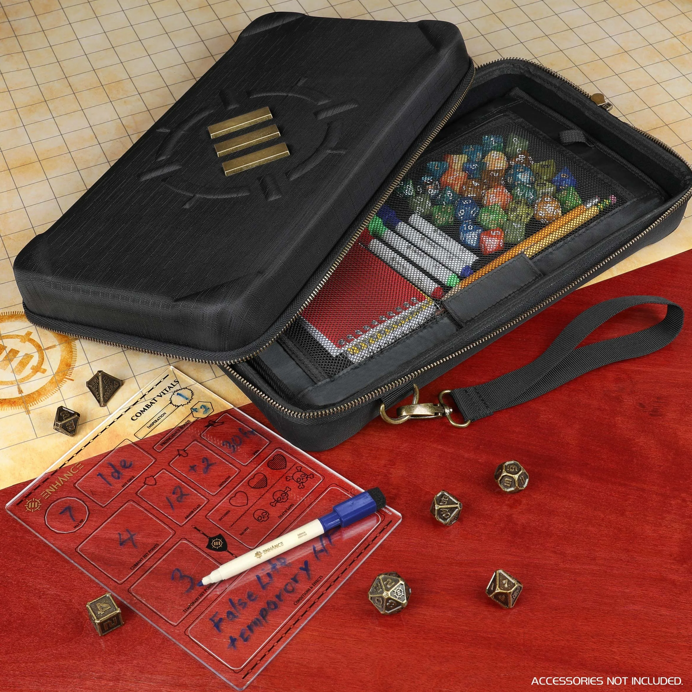 ENHANCE Portadadi DnD da Tavolo e Vassoio per Dadi - Porta dadi contenitore per 500 RPG con design protettivo robusto interni morbidi tasche organizer