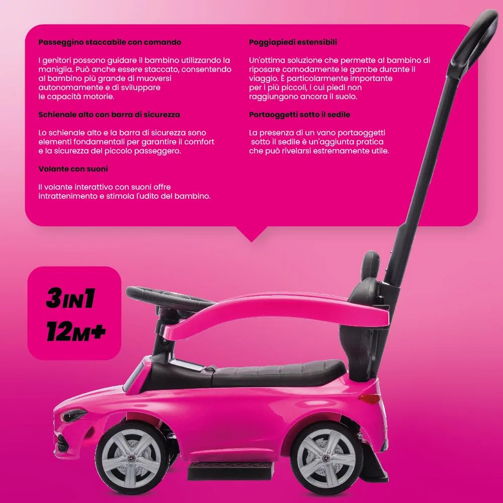 sun baby Macchinina Cavalcabile per Bambini, Macchina a spinta da 12 mesi, schienale alto, volante audio, poggiapiedi estensibili, vano portaoggetti (Rosa)