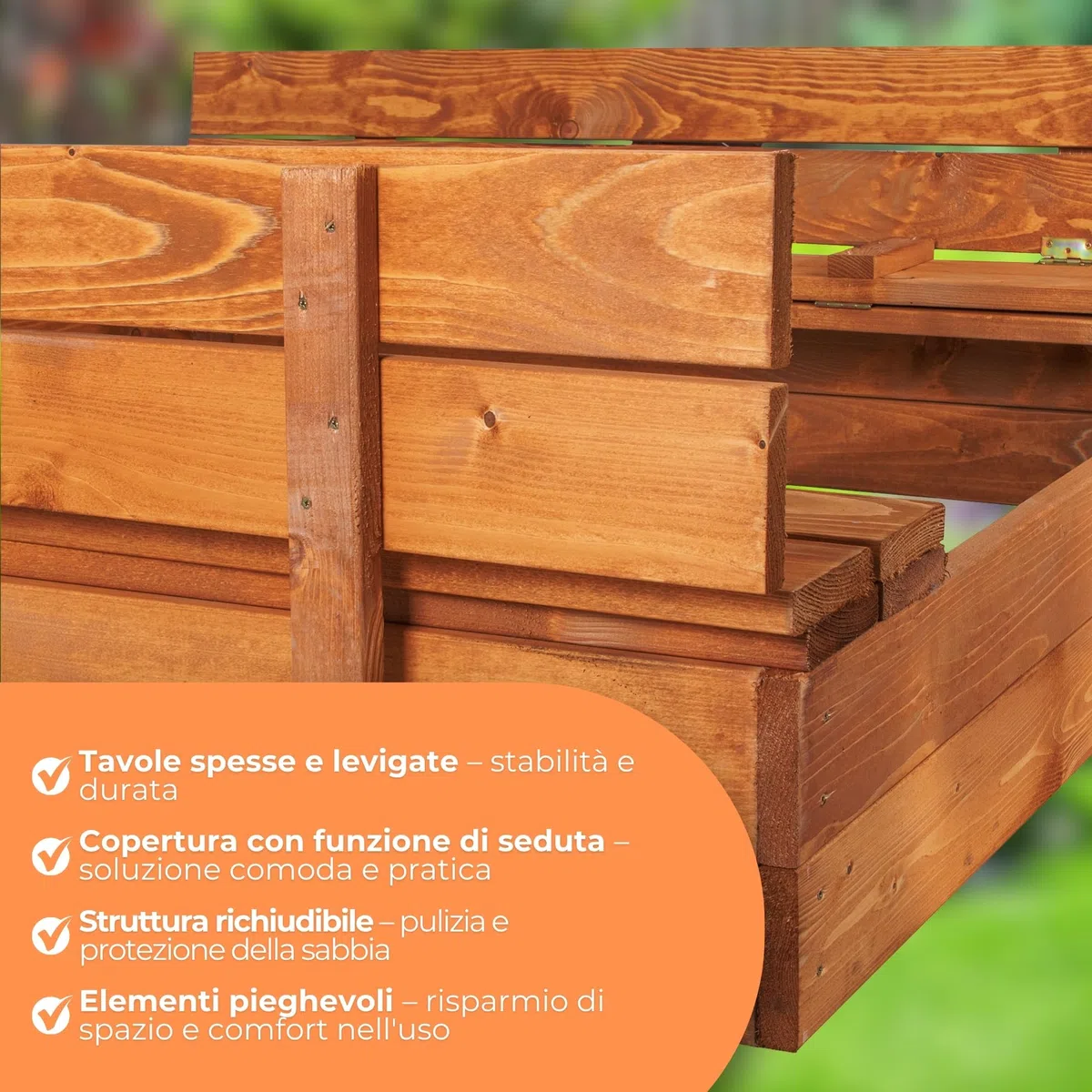 Springos Sabbiera in legno 120 x 120 cm, impregnazione ecologica a base d'acqua, bordi arrotondati, inclusi geotessile e telone, tavole stabili da 18 – 20 mm, montaggio fai da te, prodotta in Polonia