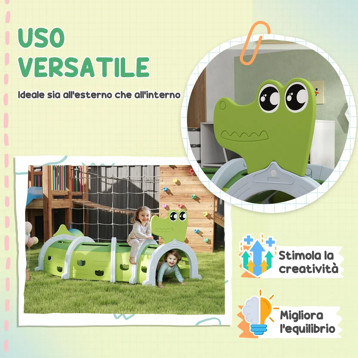 AIYAPLAY Tunnel da Gioco per Bambini 3-6 Anni a Forma di Coccodrillo, Tunnel Gioco da Interno ed Esterno in Plastica, Modulabile in Diverse Forme, Adatto per Asilo e Parco Gioco, Verde