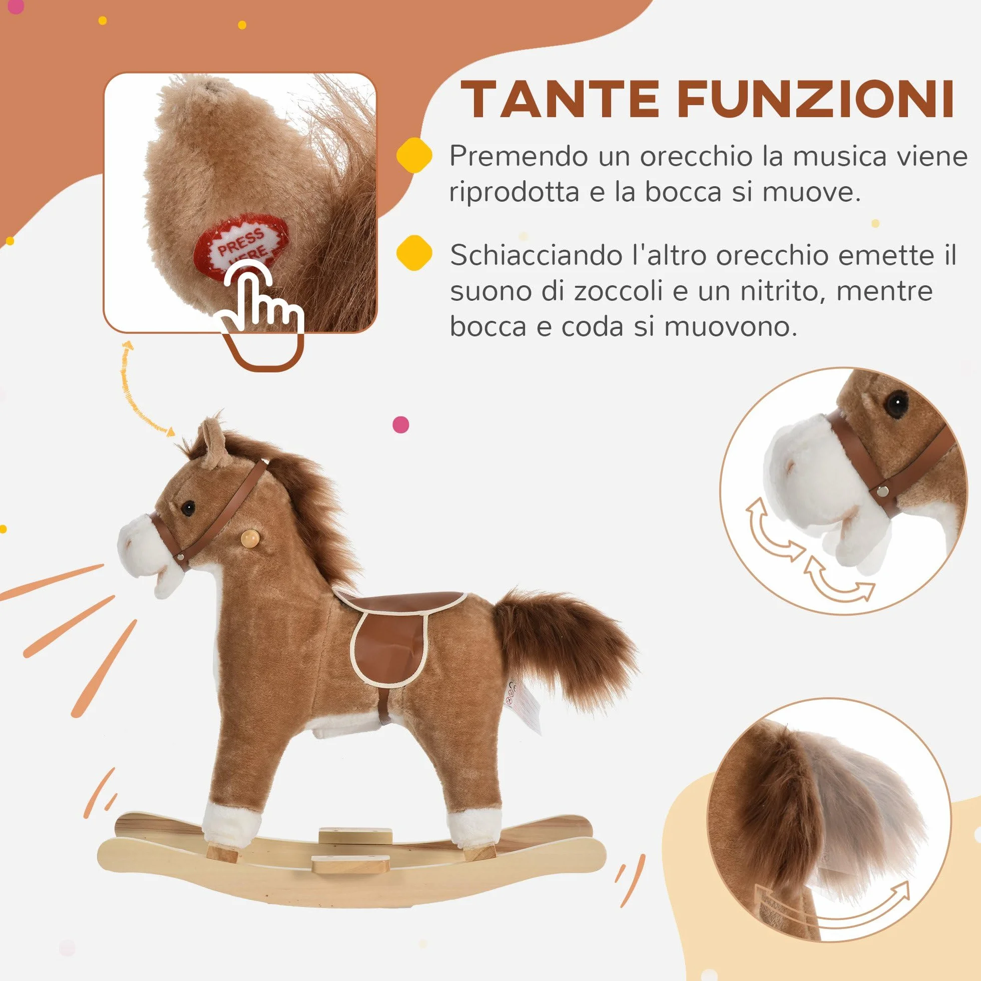 HOMCOM Cavallo a Dondolo per Bambini, Cavallino a Dondolo Bambini 36-72 Mesi, Cavalluccio Giocattolo con Suoni Realistici e 2 Batterie AA, Marrone