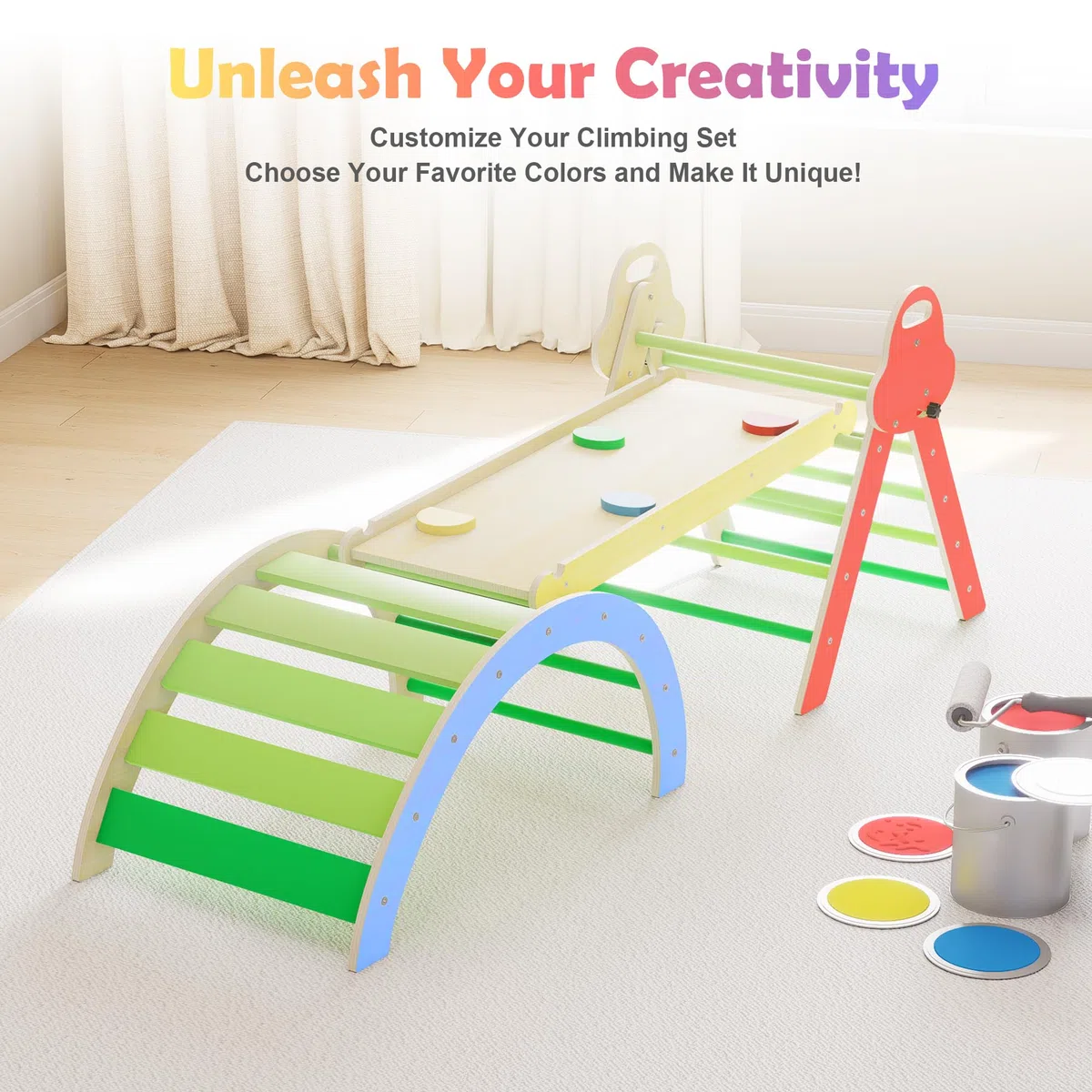 Puecrof Triangolo da Arrampicata Montessori 7 in 1 con Cuscino, Giocattolo da Arrampicata in Legno per Bambini da 1 a 3 Anni, Arco per Arrampicata Indoor con Scivolo, Scala e Arco da Gioco (Verde)