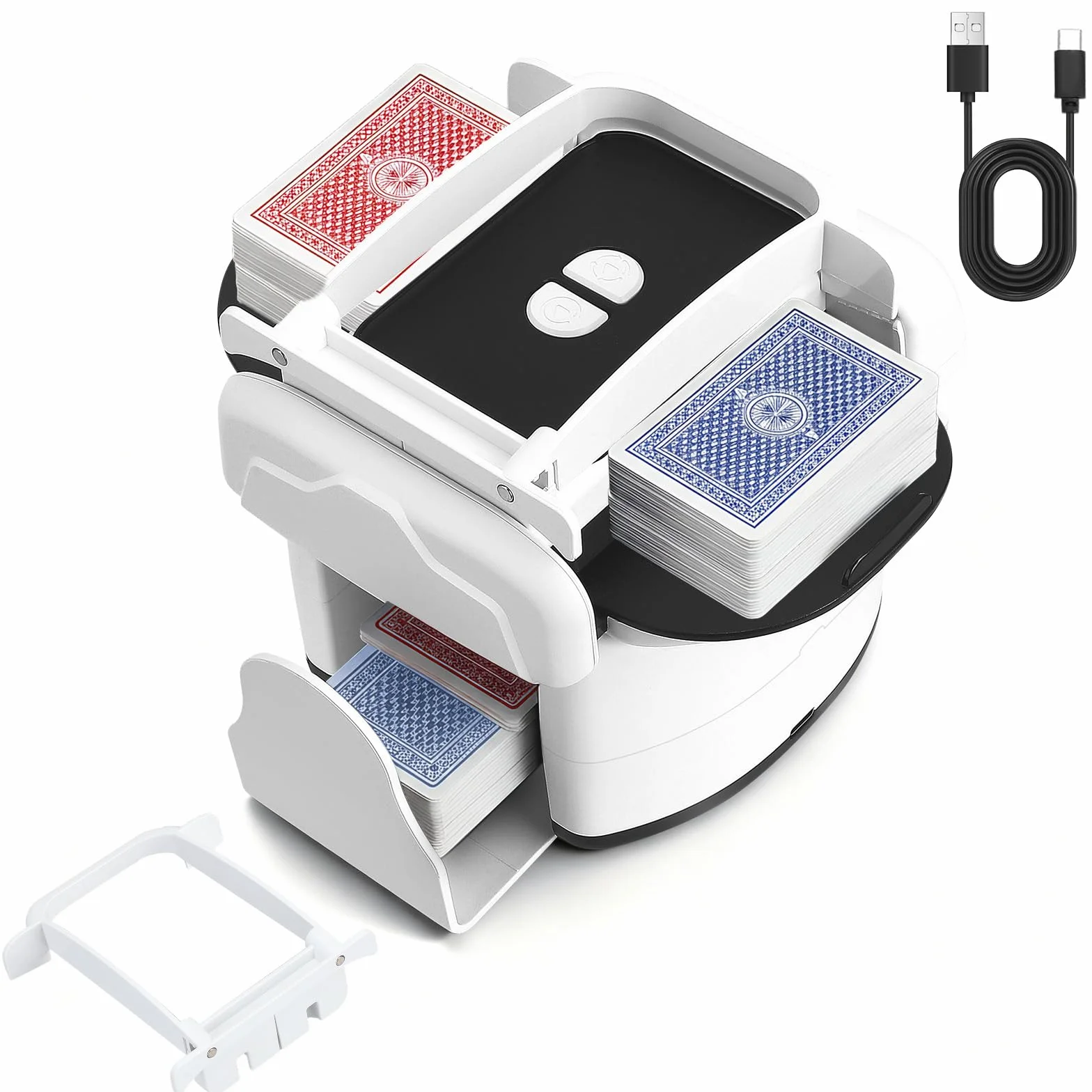 Mescolatore automatico di carte per 1–4 giochi di carte, ricaricabile, 2 modalità di miscelazione, compatibile con carte da poker, bridge, UNO e Phase 10 (Bianco)