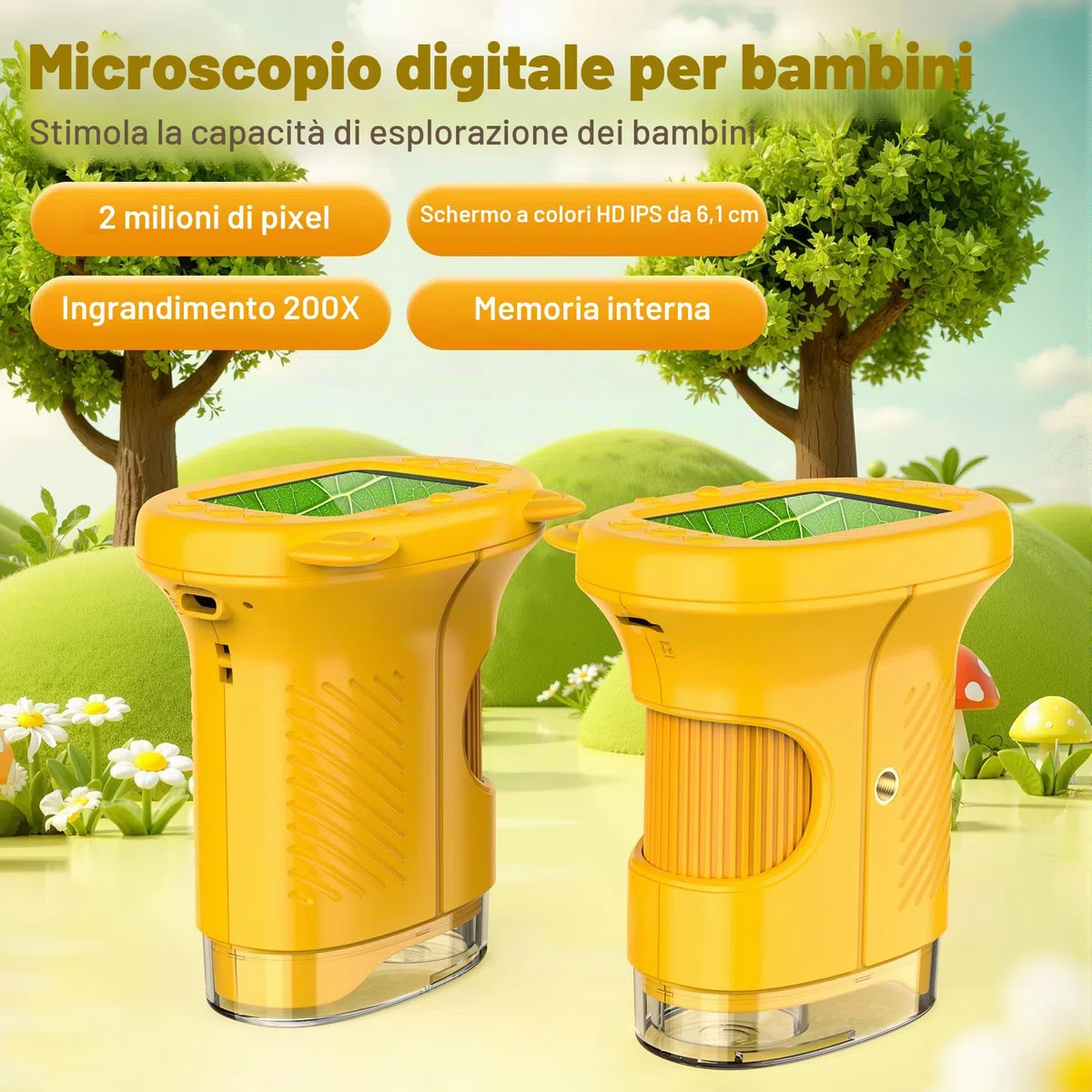 GlobalCrown Microscopio digitale tascabile,Microscopio bambini portatile 200x con schermo da 2,4 pollici,giocattolo per l'apprendimento scientifico per 3, 4, 5, 6, 7, 8, 9,10,11 anni ragazzi,ragazze