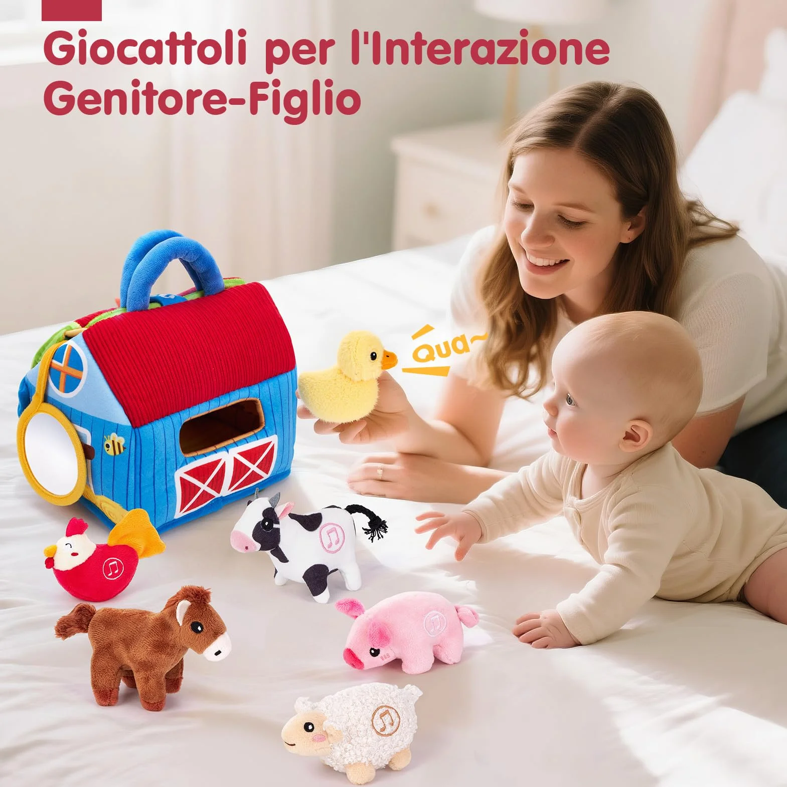 hahaland Giochi Bambini 1 anno - Fattoria Sonora in Peluche, con 6 Animali Morbidi e Suoni Realistici, Gioco Educativo Bambino Montessori Sensoriale Regalo 6 12 18 mesi