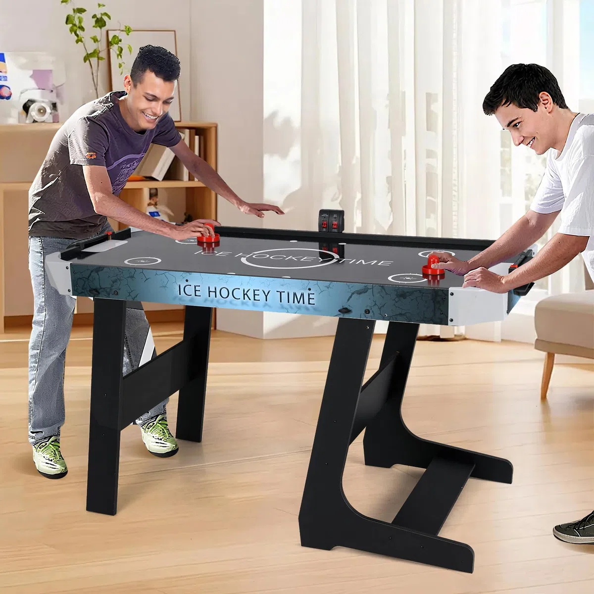 HOMASIS Tavolo da Air Hockey Pieghevole, Gioco Elettronico con Motore 12V e Display LED, 144 x 68 x 79 cm per Bambini e Adulti