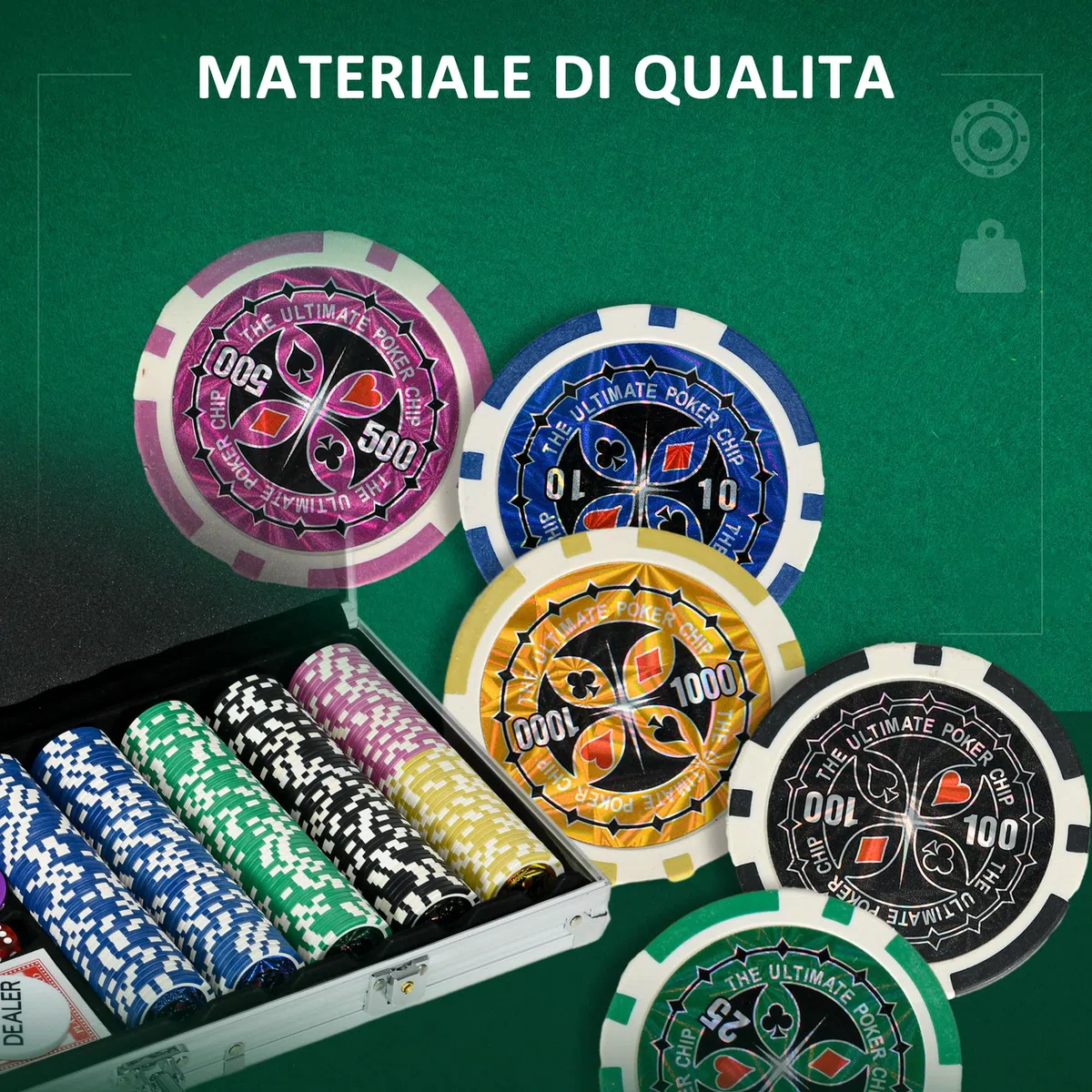 SPORTNOW Set Poker Professionale 500 Fiches 11.5g, 2 Mazzi Carte, 5 Dadi, Alluminio Poliestere Argento