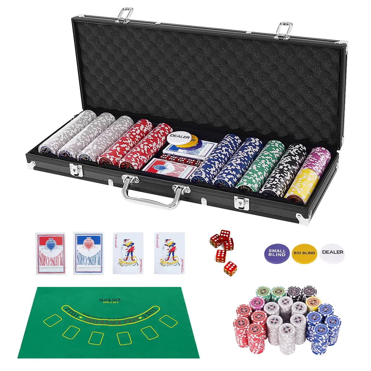 HOMASIS Set da Poker 500 Fiches Valigetta 2 Mazzi Carte 5 Dadi Tappetino Nero