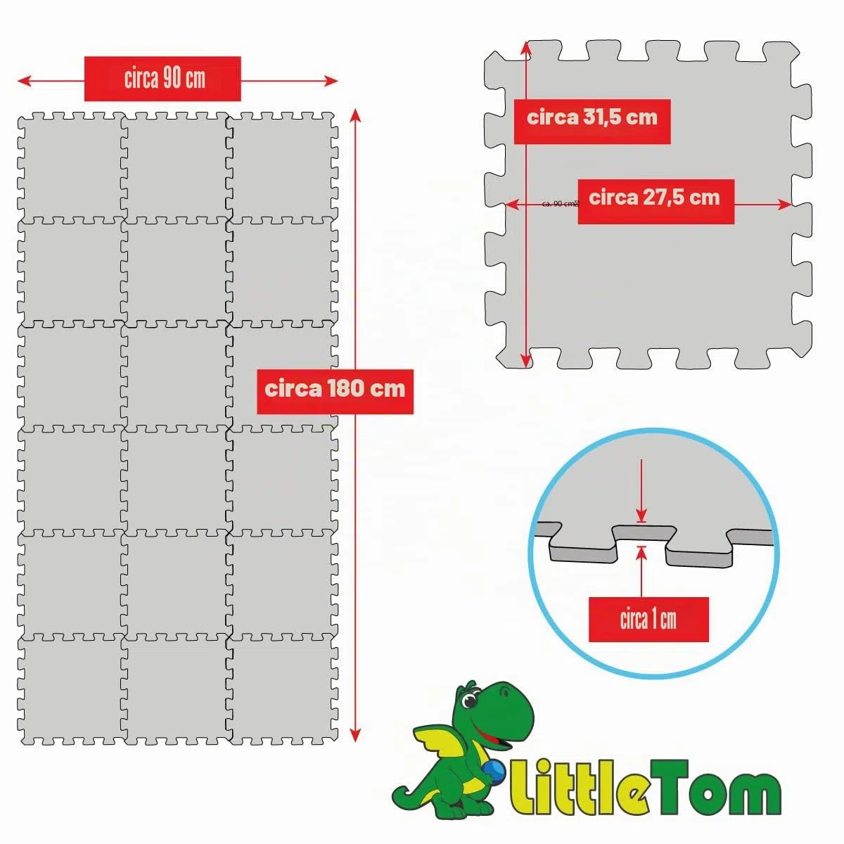 LittleTom 18 Pezzi Tappeto Gioco per Bambini in Piastrelle EVA 30x30 cm - Pavimento Morbido e Antiscivolo per Neonati