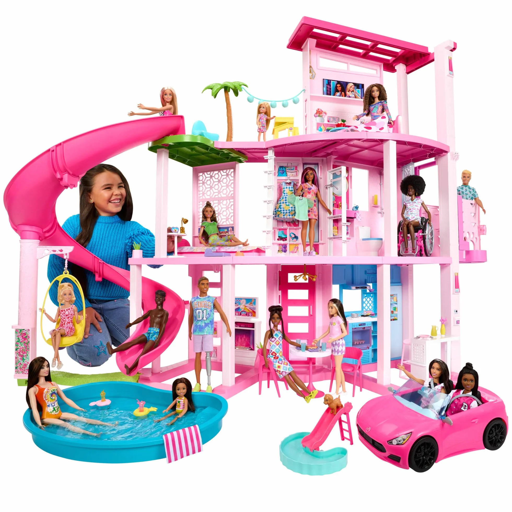 Barbie - Casa dei Sogni di Barbie, playset casa delle bambole con piscina, scivolo a 3 piani, ascensore e aree di gioco per cuccioli, 75+ accessori, giocattolo per bambini, 3+ anni, HMX10