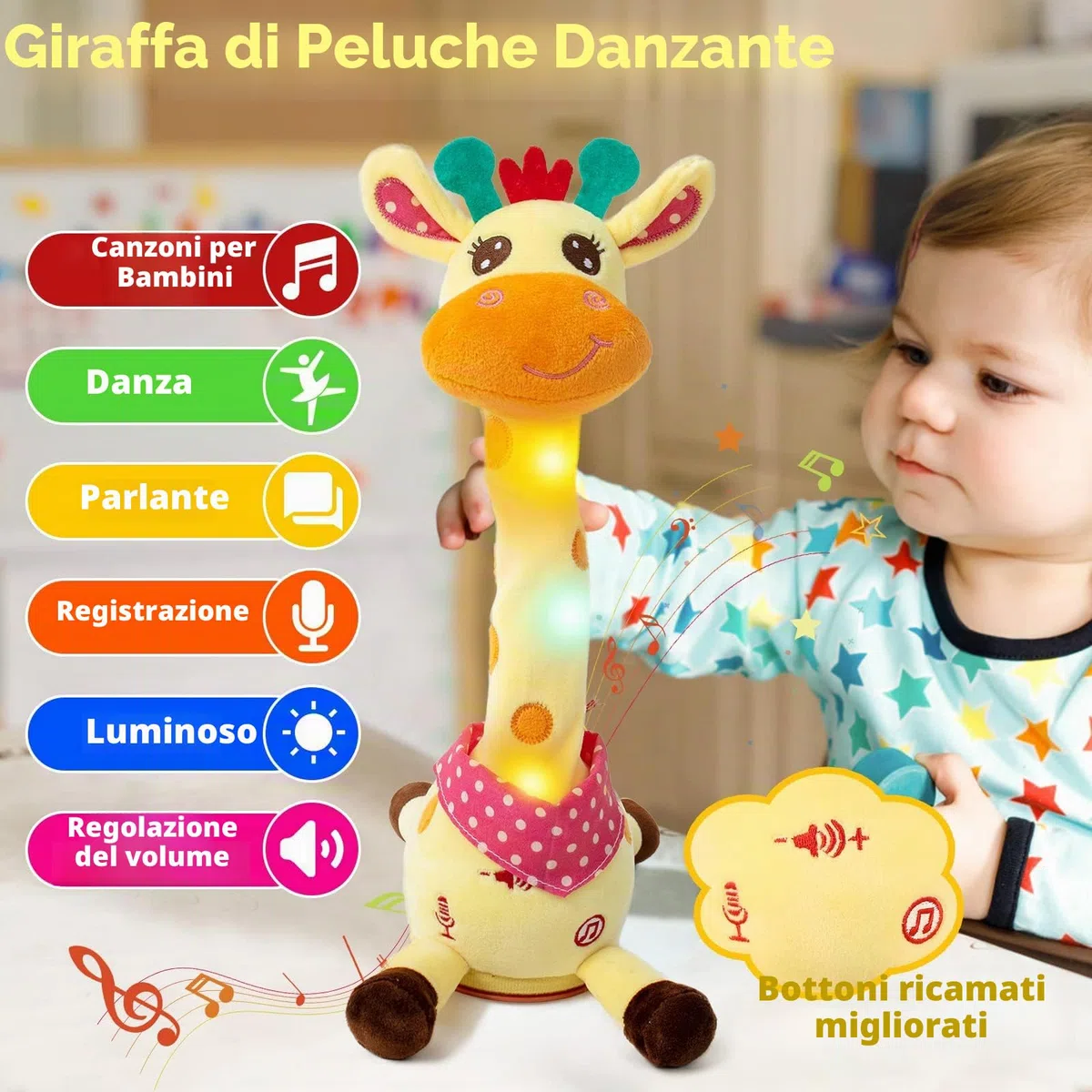 Giocattolo Giraffa Danzante Musicale Cantante Interattivo Luminoso Registrazione e Ripetizione Regali per Ragazzi