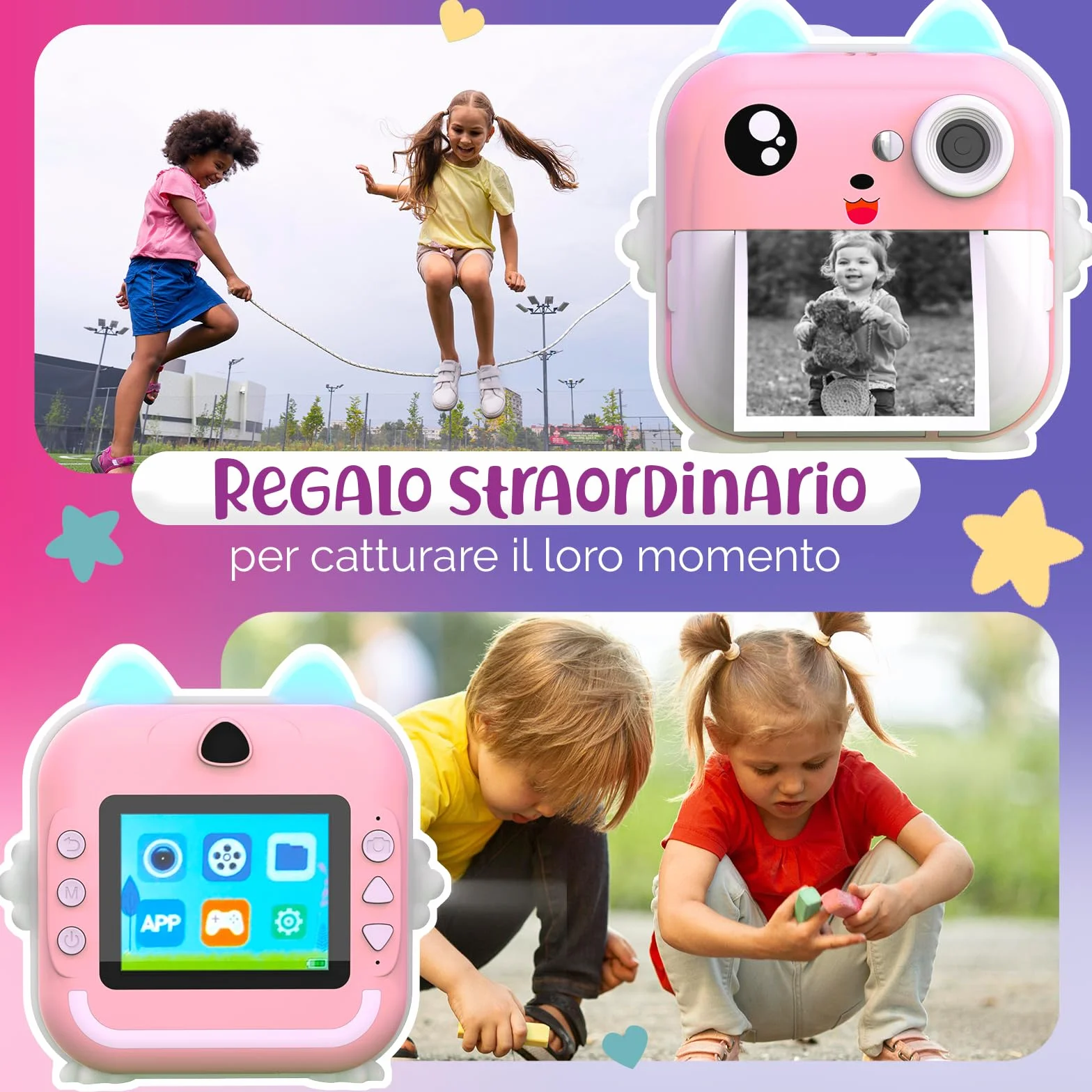 Macchina Fotografica Bambini Istantanea – Doppio Obiettivo 48MP, Video 1080P, Stampa Termica con 4 Rotoli di Carta – App Bluetooth, Scheda da 32GB – Regalo per Bambine & Bambini 3-12 Anni (Rosa)