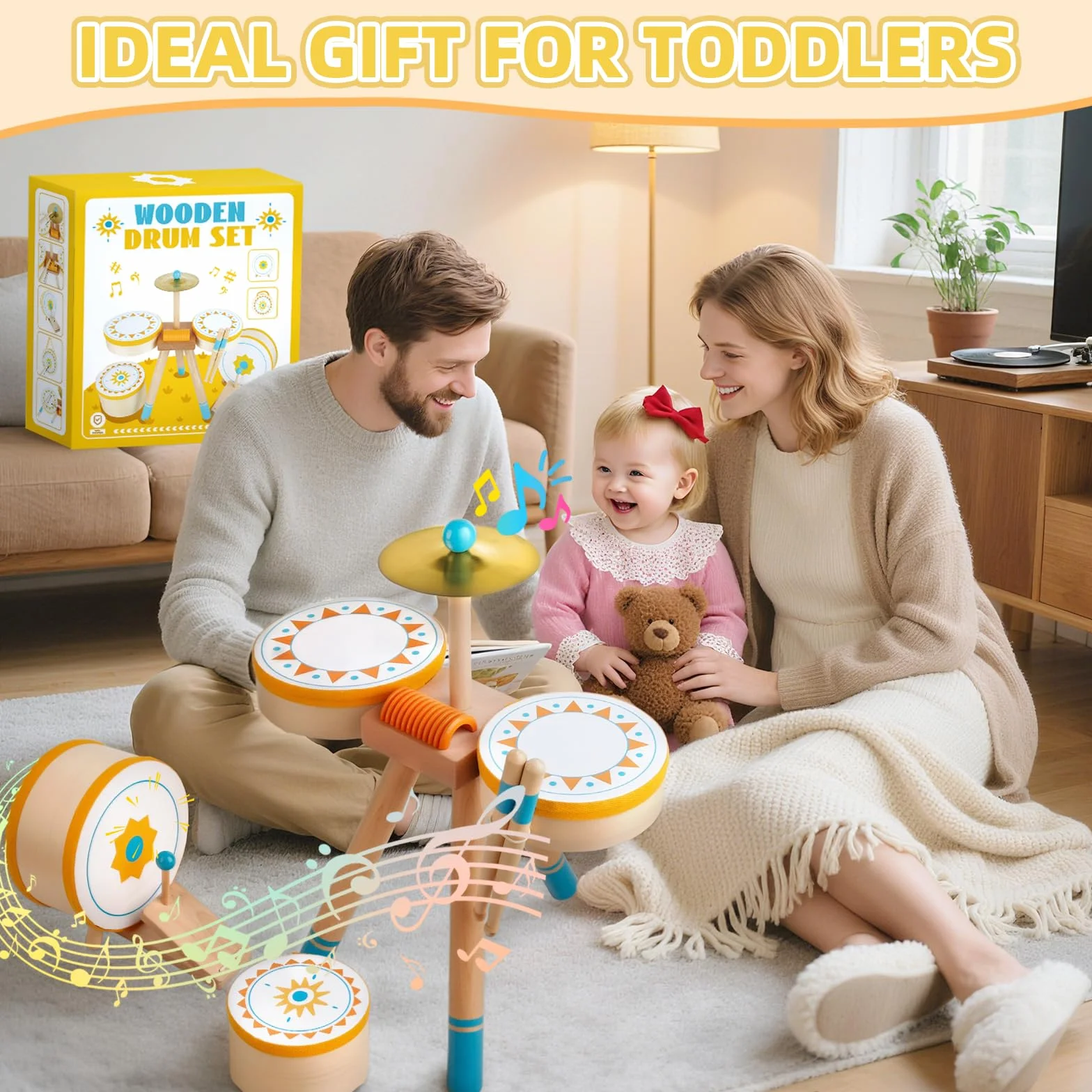 Tamburo Montessori per Bambini 1+ Anno | Set di Tamburi Educativi in Legno per Bambini 1-3 Anni | Strumenti Musicali per Neonati, Regalo Perfetto per Compleanno/Natale per Ragazzi e Ragazze