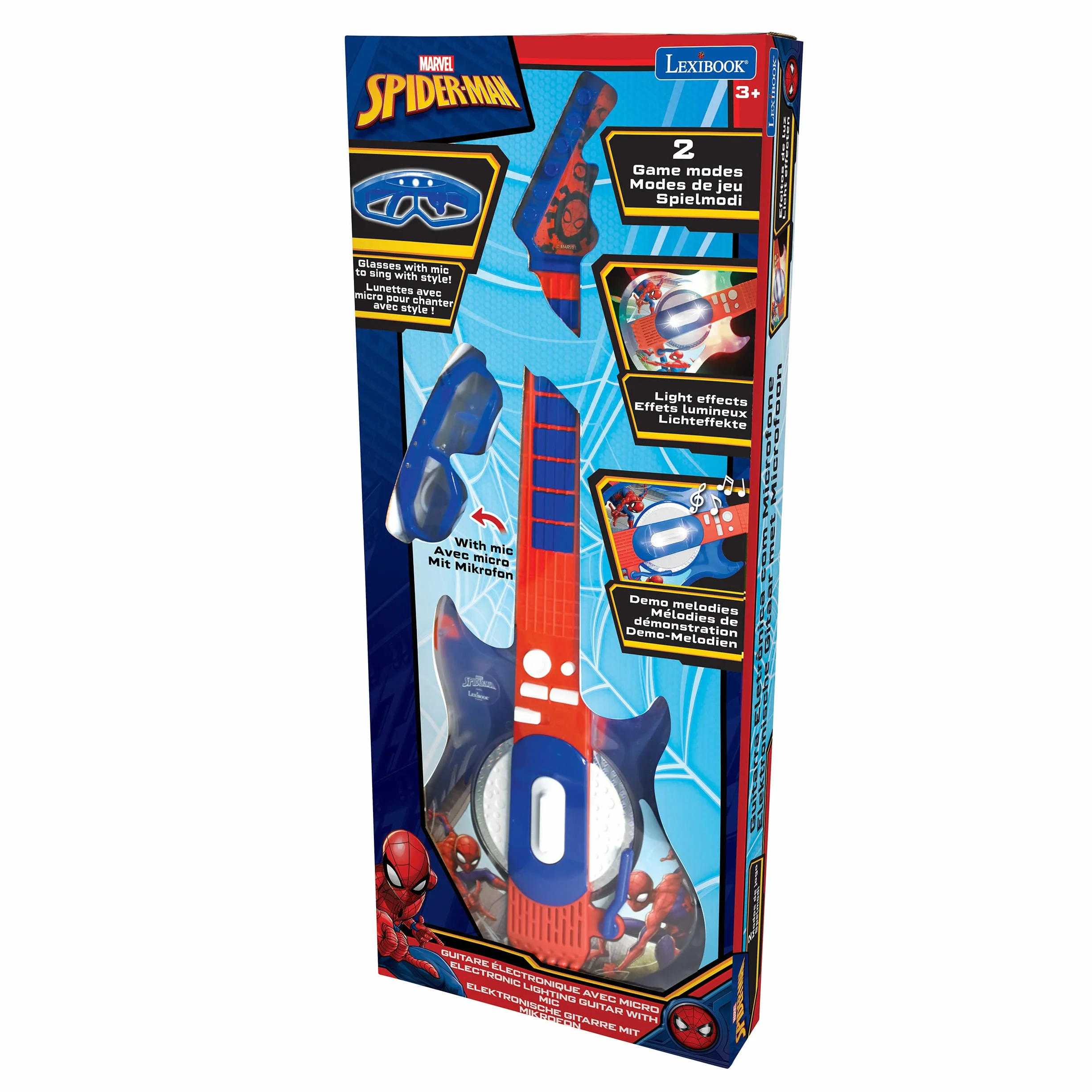 Lexibook, Spider-Man, Chitarra elettrica con microfono, Occhiali con microfono, Canzoni demo, 2 modalità di gioco, Plug per MP3, blu/rosso, K260SP
