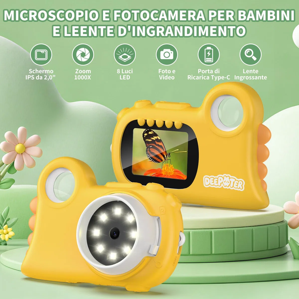 2 in 1 Microscopio Bambini, Deepoter 1000X Microscopio Digitale, Microscopios Portatile con 8 LED Regolabili, Adatto come Regalo di Natale, Compleanno o Capodannodai 3 Aagli 12 Anni, Giallo
