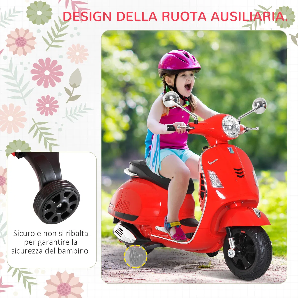 HOMCOM Vespa Moto Elettrica per Bambini, 6V Motorino Elettrico 3-6 Anni, Rosso, 102x50.5x75.5 cm