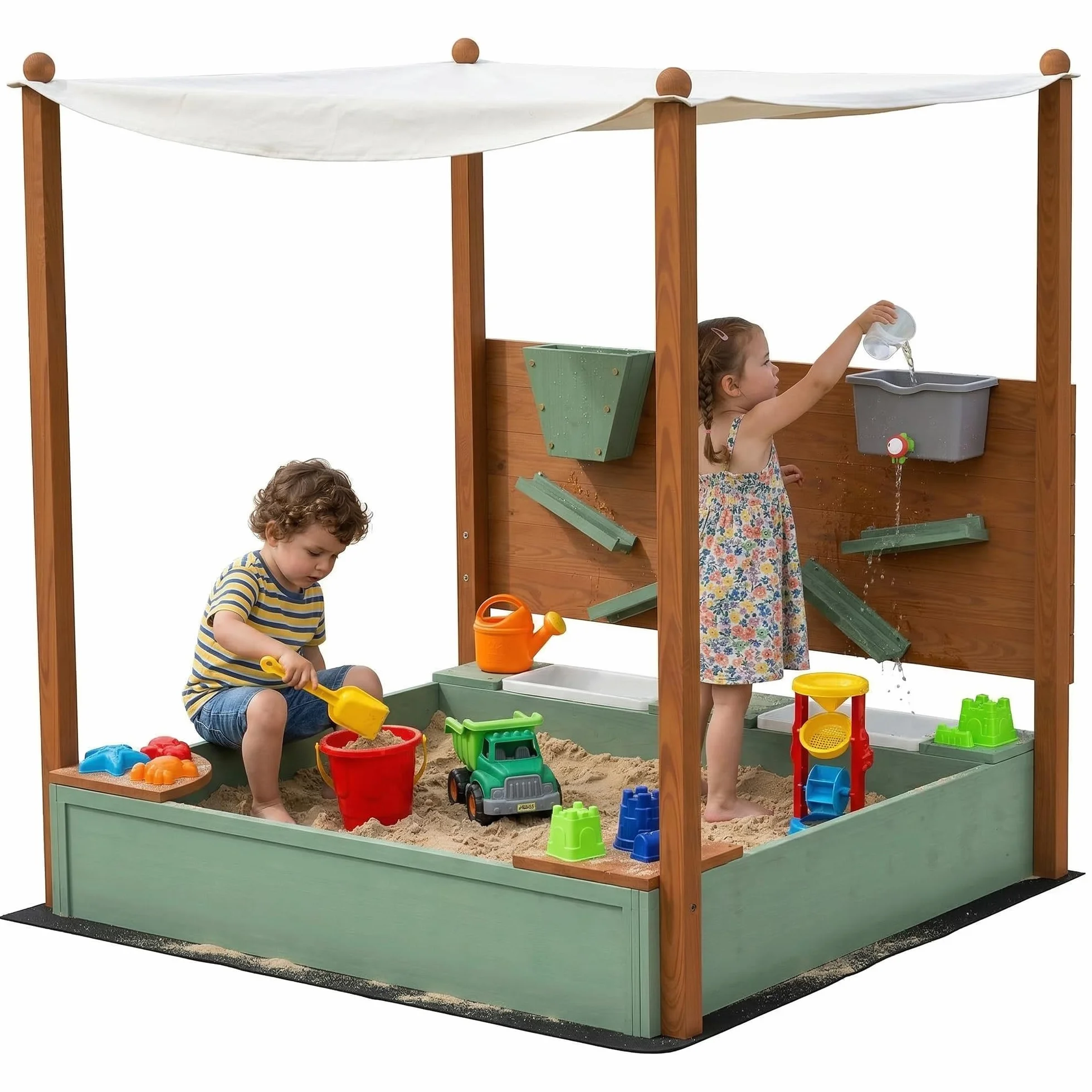 AIYAPLAY Sabbiera con tetto, 116 x 112,5 cm sabbiera in legno Sabbiera con sedile, 2 contenitori, sabbia e giochi d'acqua, secchio con rubinetto per bambini da 3 a 6 anni Verde