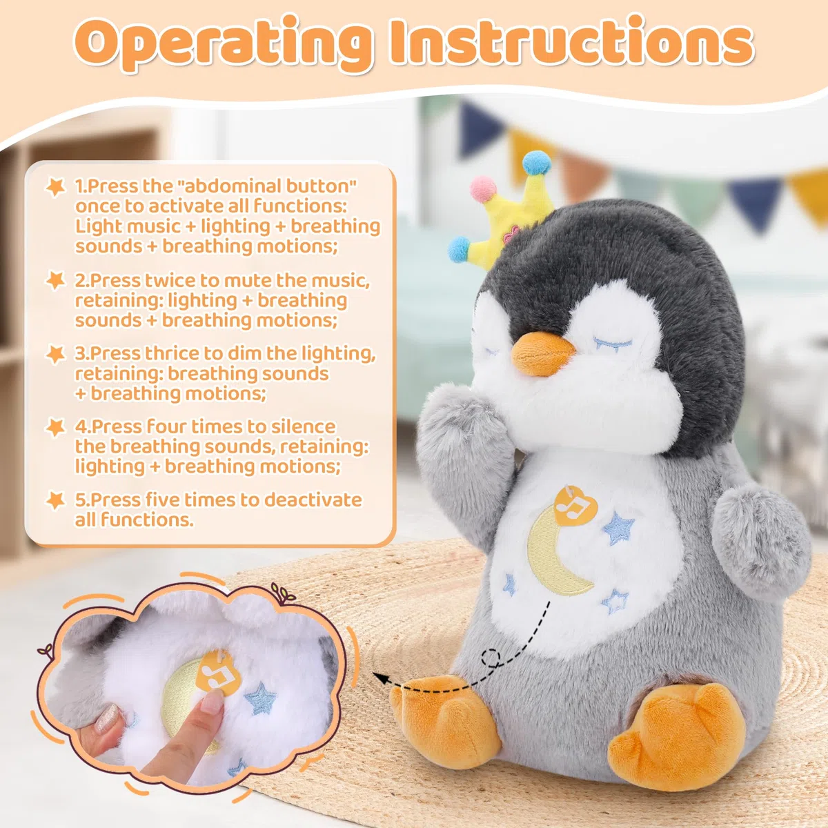 Peluche che respira pinguino con simulazione respirazione musica luce notturna
