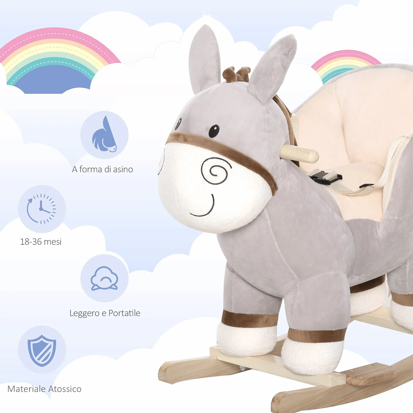 HOMCOM Cavallo a Dondolo per Bambini 18-36 Mesi, Cavalluccio a Dondolo a Forma di Asino con Suoni Realistici in Legno di Pioppo e Peluche, Grigio
