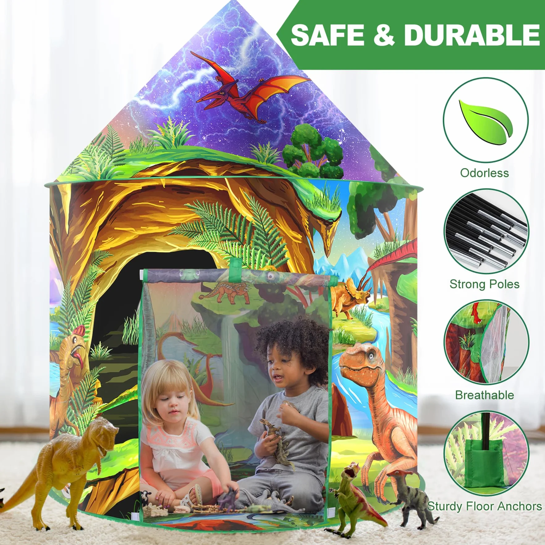 Dinosauro Tenda per Bambini Casetta Bambina Bambino Pop Up Capanna per Bambini Esterno Interno Portatile con Dinosauri Adesivi Casette Giochi Bambini