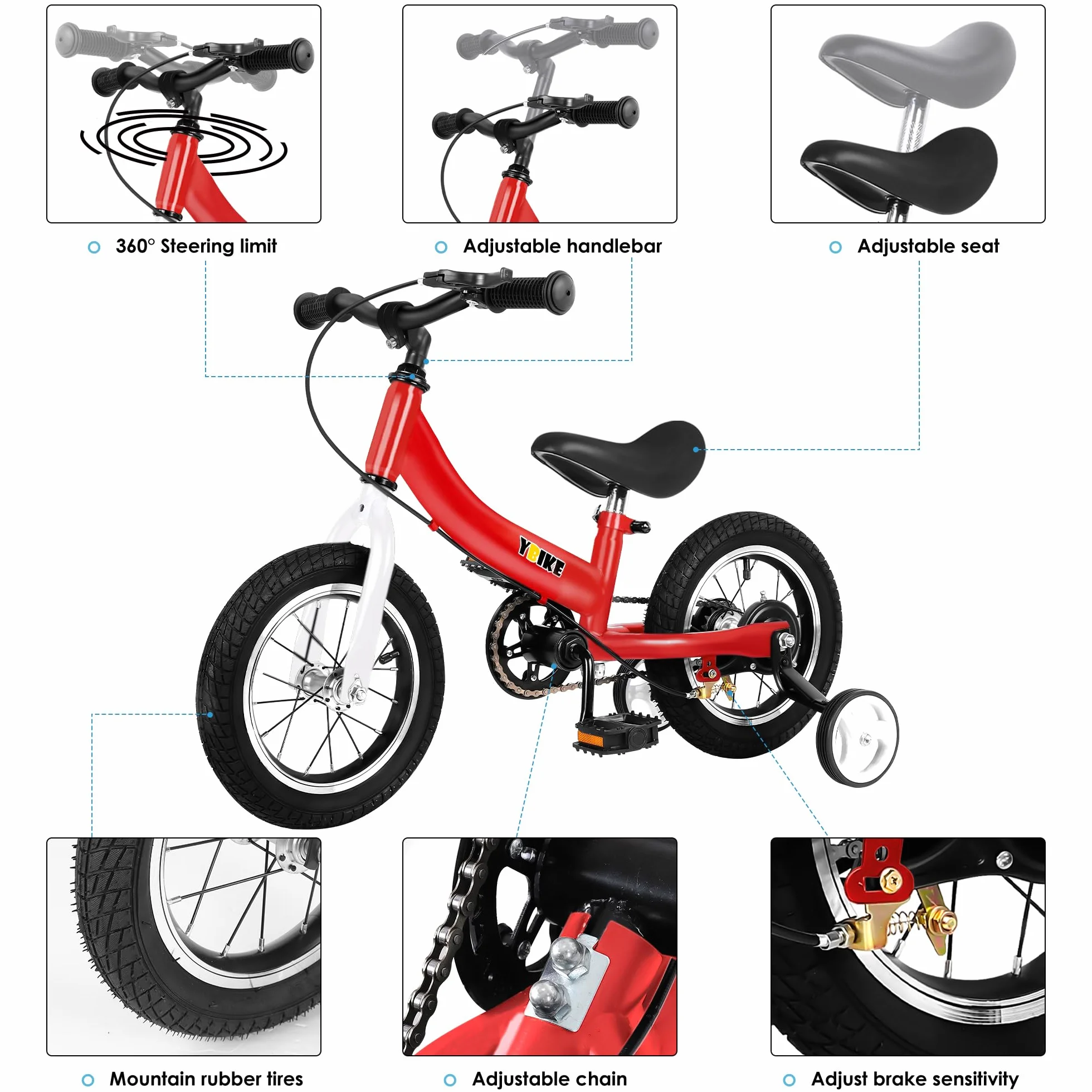 Ybike 2 in 1 Bicicletta Senza Pedali,Funzione a Doppio Uso Bici Senza Pedali, Adatto Per Bambini da 2 a 7 Anni, 12, 14, 16 Pollici Con Freno, Pedale, Teoria Di Formazione