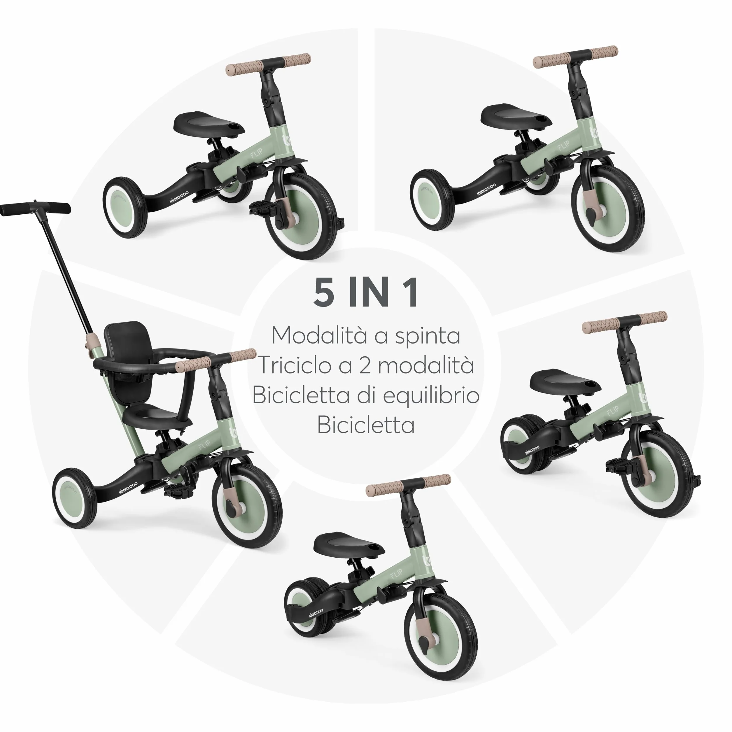 KikkaBoo Triciclo Evolutivo 5 in 1 per Bambini da 1 a 5 Anni FLIP, Triciclo Passeggino con Maniglione Regolabile, Con o Senza Pedali, Trasformabile in Bicicletta, Verde militare