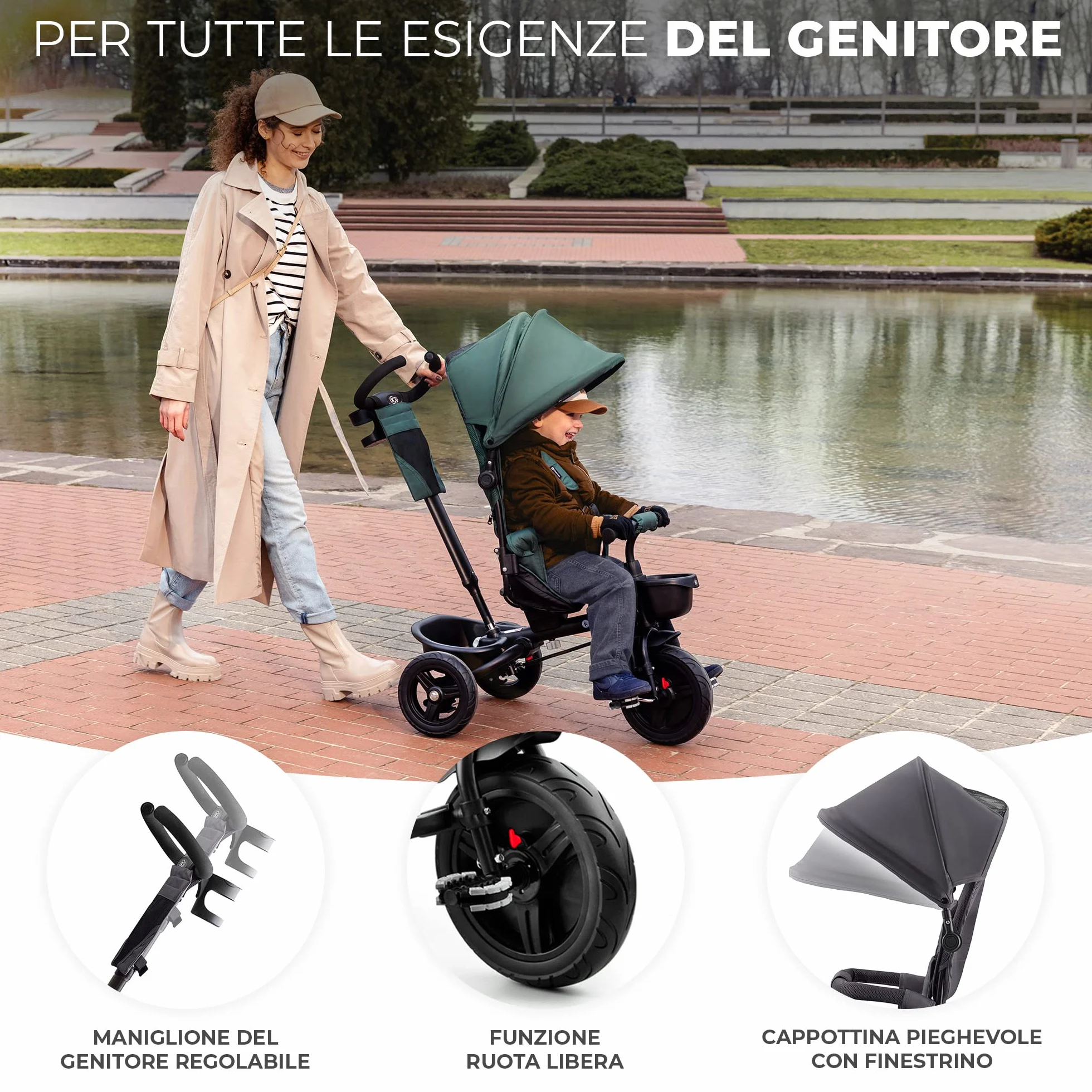 Kinderkraft AVEO Triciclo bambini dai 9 Mesi fino 25 kg, Passeggino con Maniglione del Genitore regolabile, Bici, Compatto pieghevole, Sedile girevole Fronte Mamma e Strada, Ruota libera, Grigio
