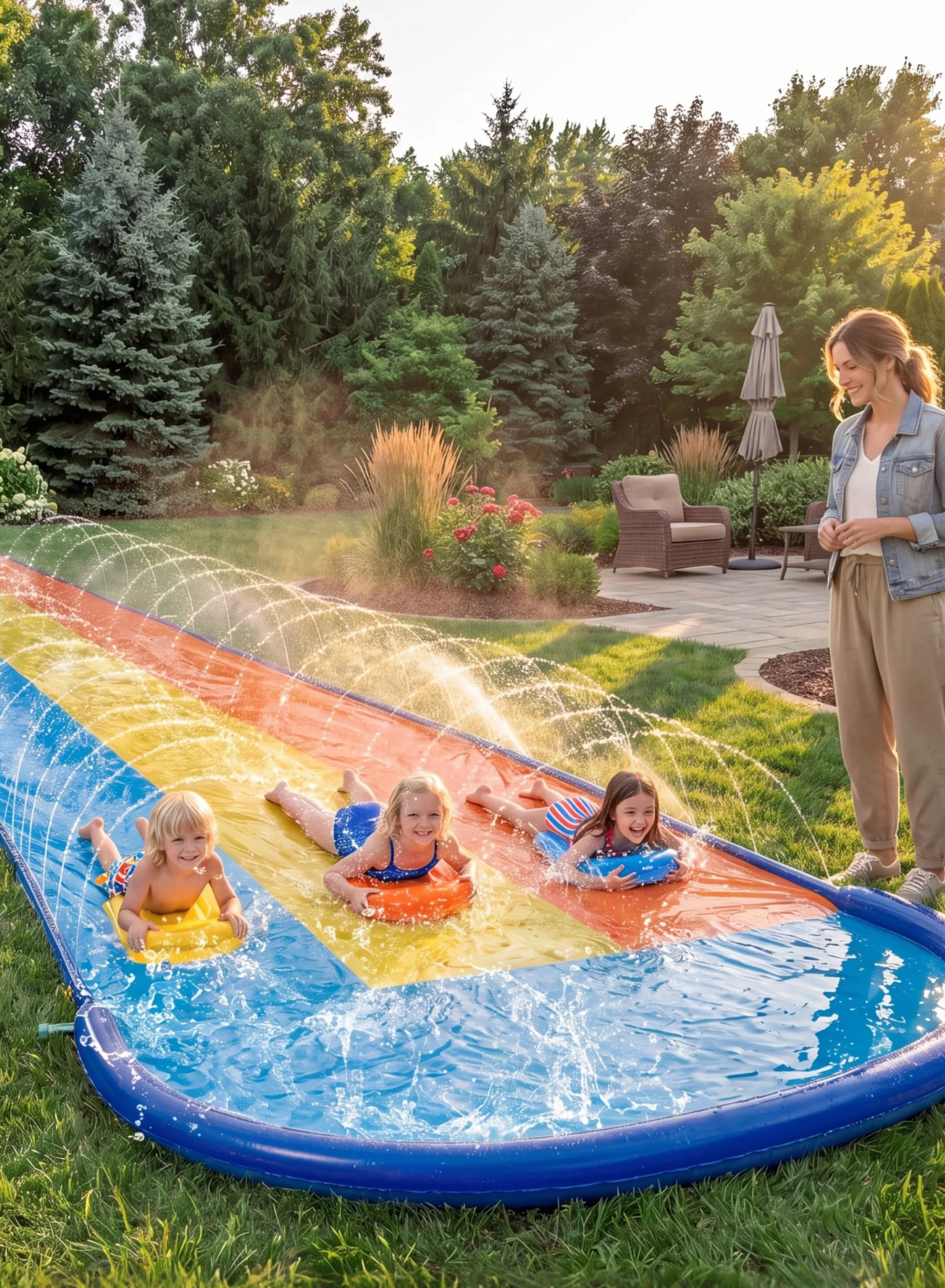 Sloosh Scivolo Triplo 22,5ft con 3 Bodyboard Irrigatore Esterno per Bambini Adulti