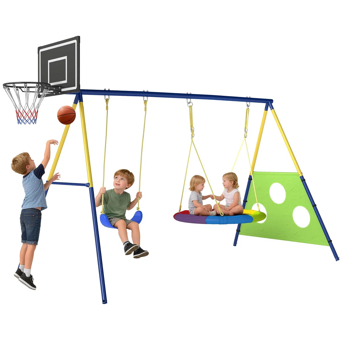 AIYAPLAY Set Altalena da Giardino 4 in 1 per Bambini con 2 Altalene, Canestro da Basket, Porta da Calcio, Supporto ad A in Acciaio, Capacità 150 kg, per Uso Esterno, 3-8 Anni, 288x160x220 cm