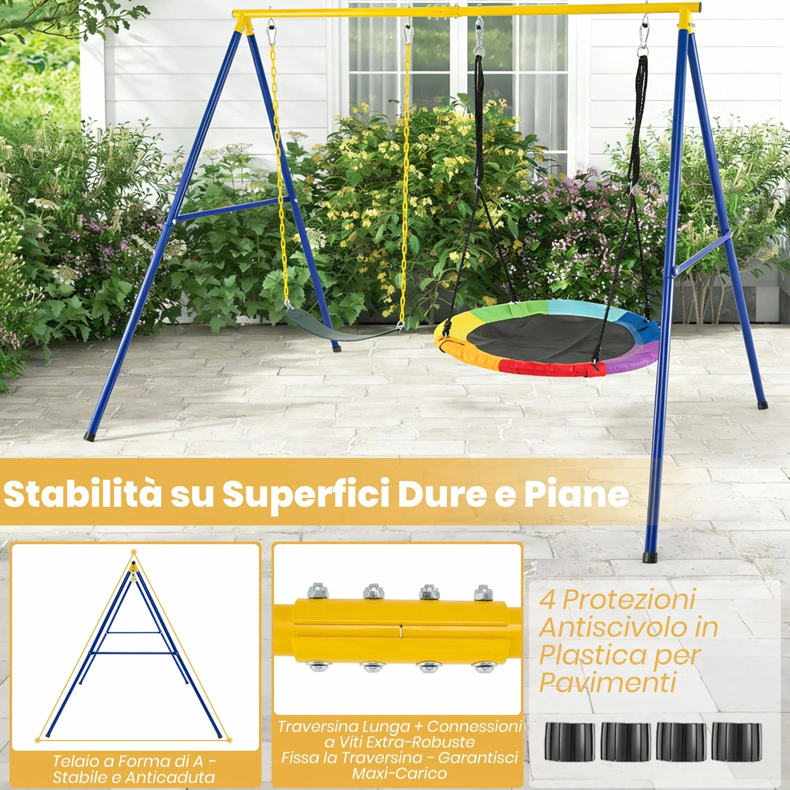 RELAX4LIFE Struttura per Altalena Doppia da Giardino con Portante 300kg, 2 Posti da Appendere, per Bambini e Adulti, Gioco Interno/Esterno, 4 Picchetti, Copripiedi e Moschettoni, Giallo e Blu