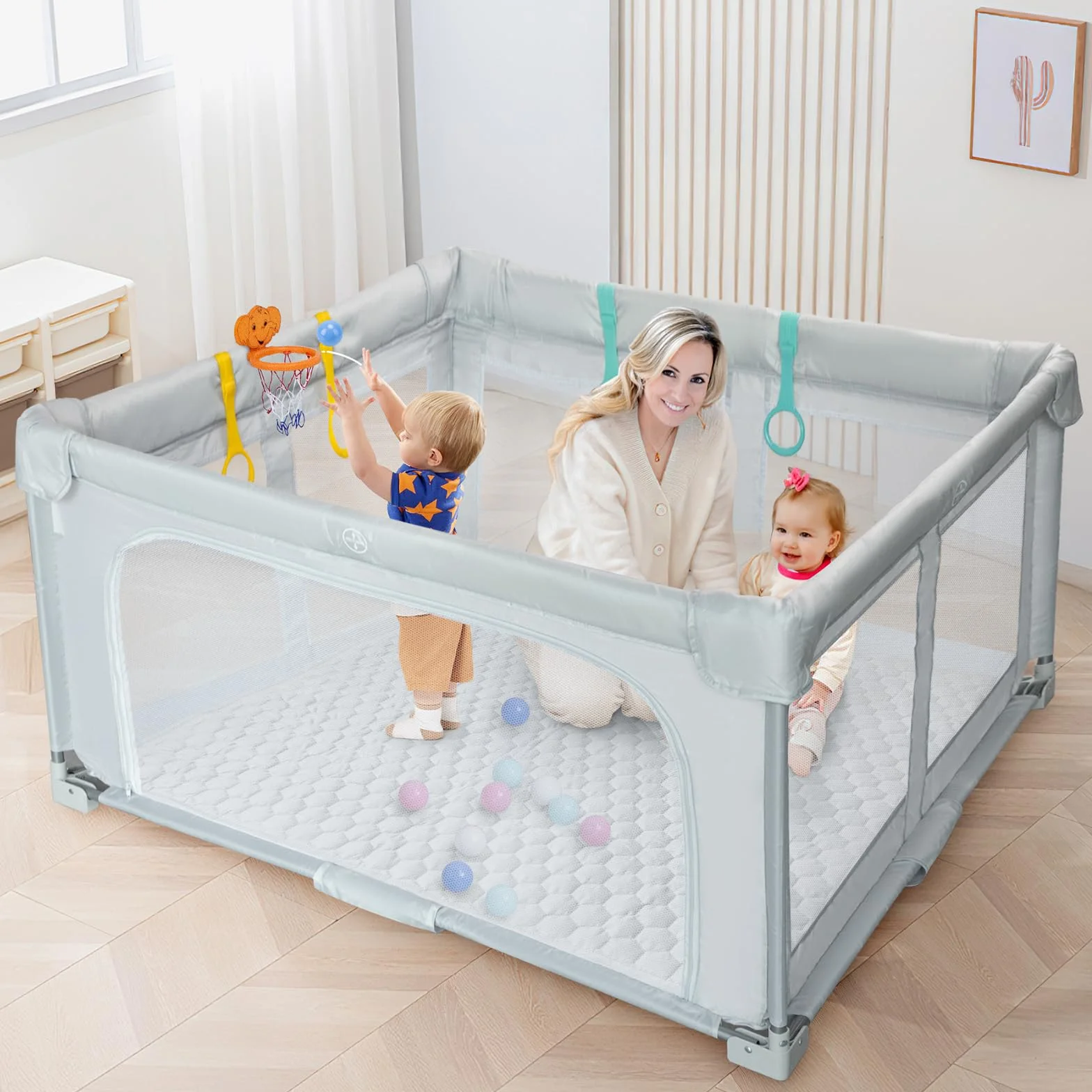 Piattaforma Gioco Bambini Pieghevole 127×127cm: Interna/Esterna – Borsa Trasporto, 20 Palle, 4 Anelli + Canestro, Tappeto Spuma