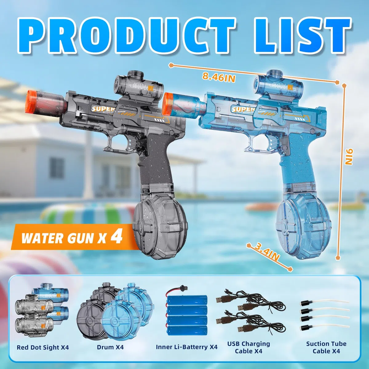 4PCS Pistola ad Acqua Elettrica, Fucile ad Acqua con Fiamma LED, Gittata 8-10M, Ricaricabile Pistole ad Acqua Automatica per Bambini,Piscina, Spiaggia e Giardino, Giocattolo Regalo di Compleanno
