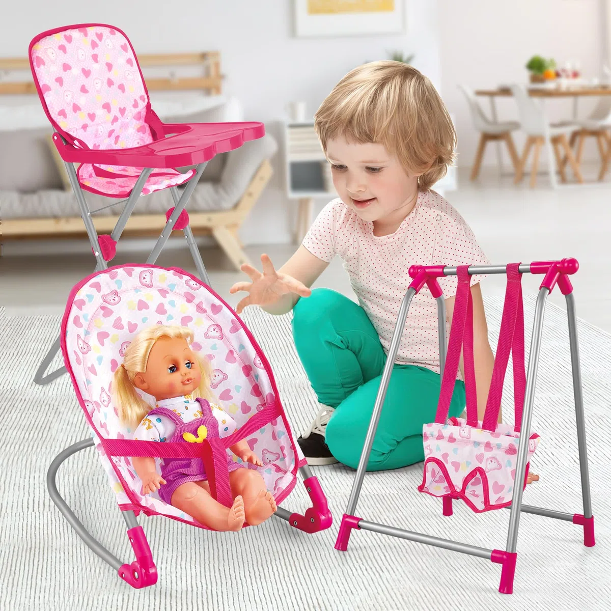 deAO Giocattolo Multifunzionale 5 in 1 per Bambini 1-3 Anni - Letto, Seggiolone, Altalena, Sedia a Dondolo in Plastica