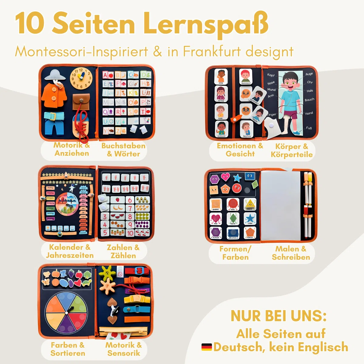 Lion's Collection® Busy Board Tedesco - Montessori Giocattoli a partire dai 3 anni per promuovere le capacità motorie e la creatività - Activity Board per bambini - Busy Book & Quiet Book su 10 pagine