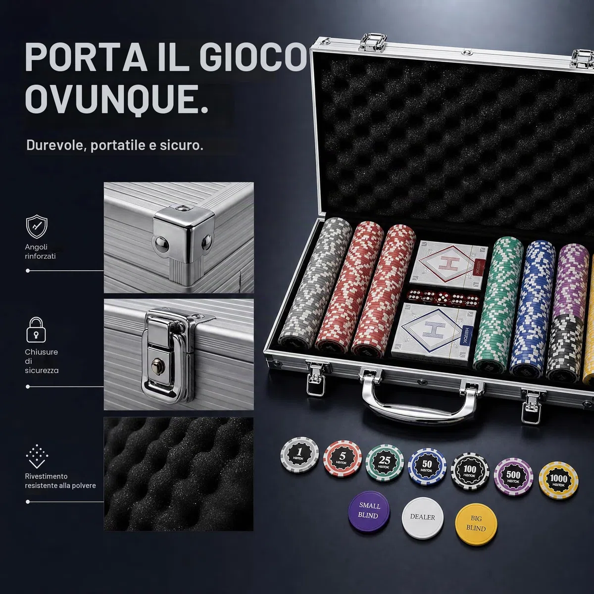 Set Poker 300 Fiches 11,5g Nucleo Metallo - Valigetta Alluminio per Texas Hold'em Professionale