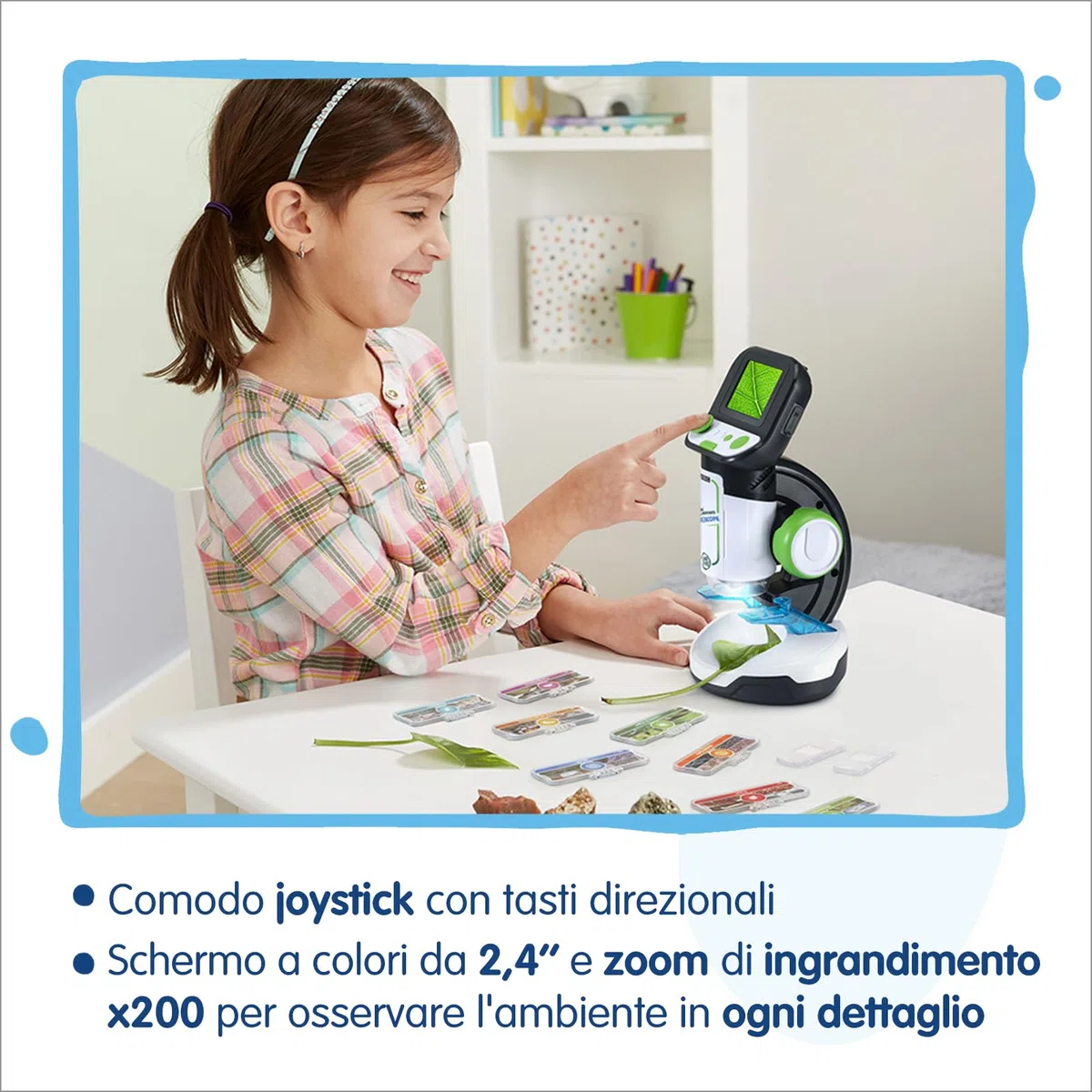 VTech Video Microscopio Interattivo, Microscopio Bambini Digitale con Video Originali BBC, Schermo 2,4", Zoom 200x, 9 Vetrini Illustrati, Slot MicroSD, Lingua Italiana, Batterie Incluse, 7-99 Anni