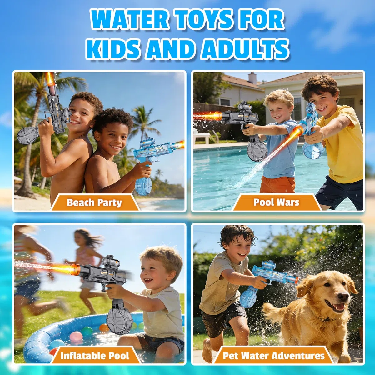 4PCS Pistola ad Acqua Elettrica, Fucile ad Acqua con Fiamma LED, Gittata 8-10M, Ricaricabile Pistole ad Acqua Automatica per Bambini,Piscina, Spiaggia e Giardino, Giocattolo Regalo di Compleanno