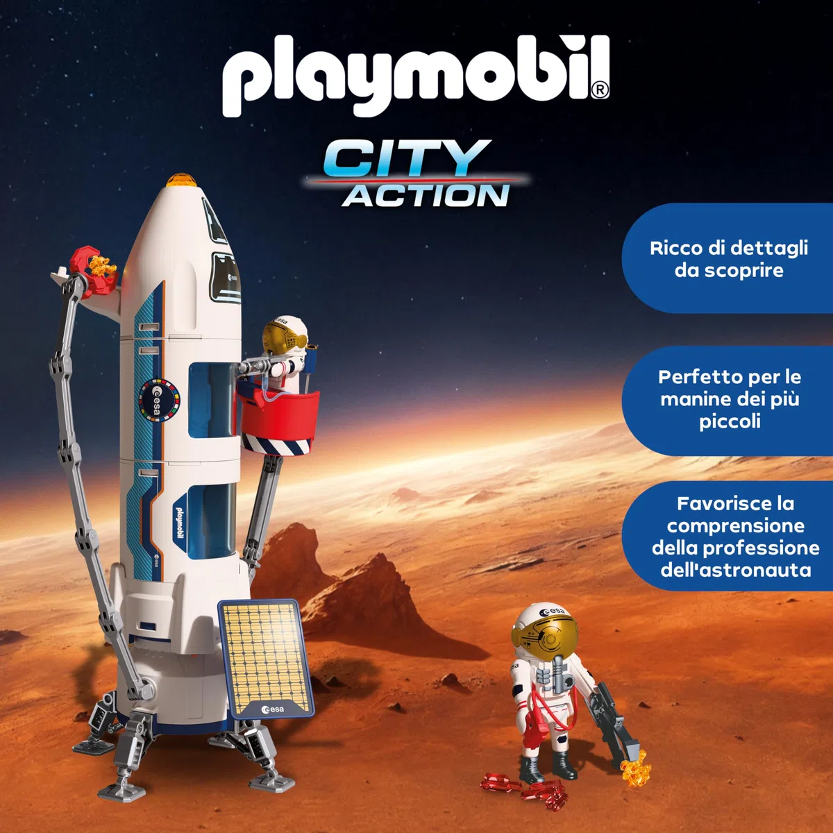PLAYMOBIL Space ESA Mars Research Rocket | Razzo modulare con rampa di lancio e 2 astronauti | Set di giocattoli spaziali di alta qualità | Per bambini dai 4 anni in su | 72011