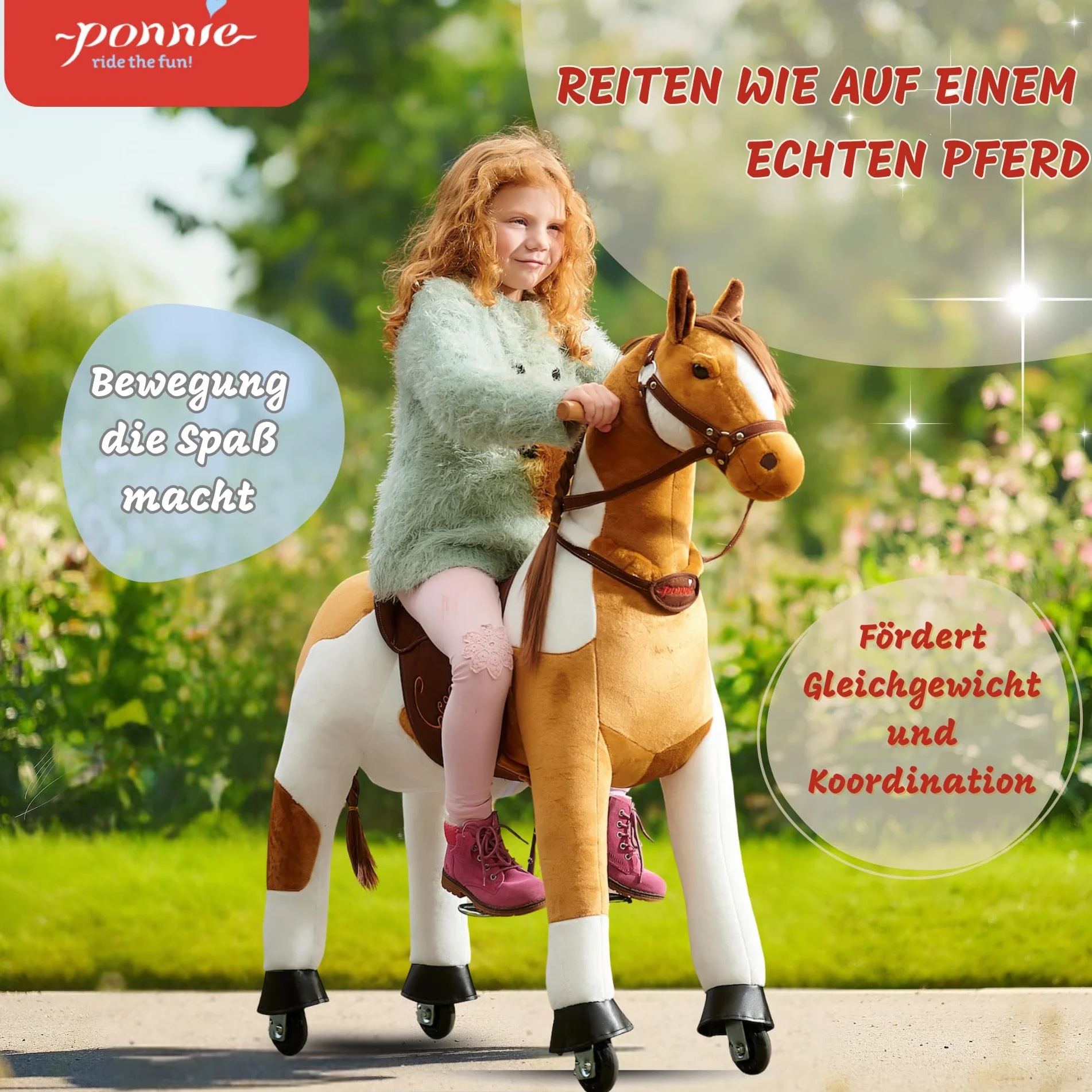 PONNIE Cavallo Giocattolo Misty M con Ruote per Bambini 5-12 Anni (50 kg) – Cavallo Cavalcabile Senza Batterie – Altezza 107 cm – Sella Rimovibile – Criniera e Coda Pettinabili