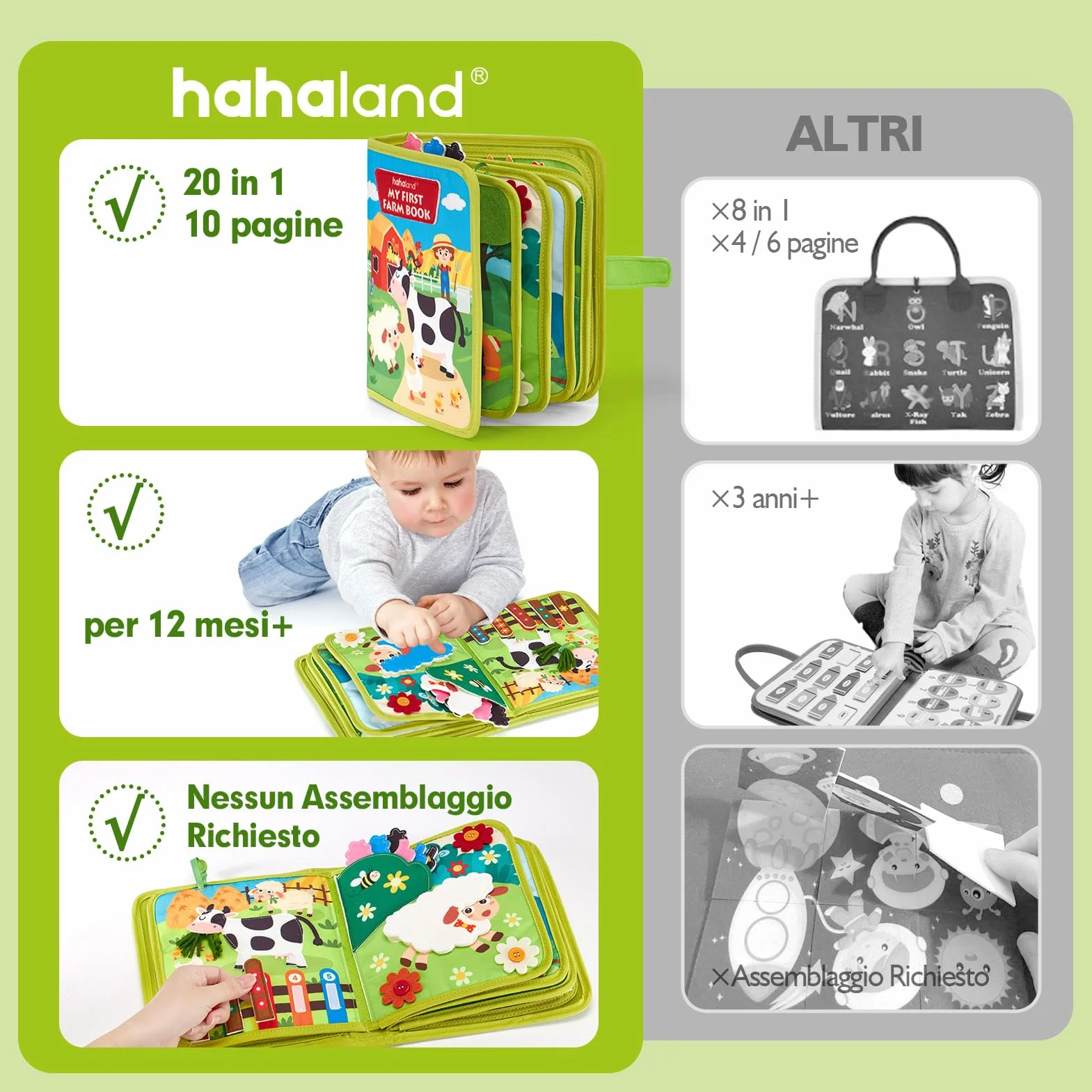 hahaland Busy Board Montessori Libro Interattivo 1 Anno - Quiet Book Sensoriale Educativo - Giochi Montessori 1 2 3 Anni Tavolo Pannello di Feltro attività Valigetta Didattici Regalo Bimbo