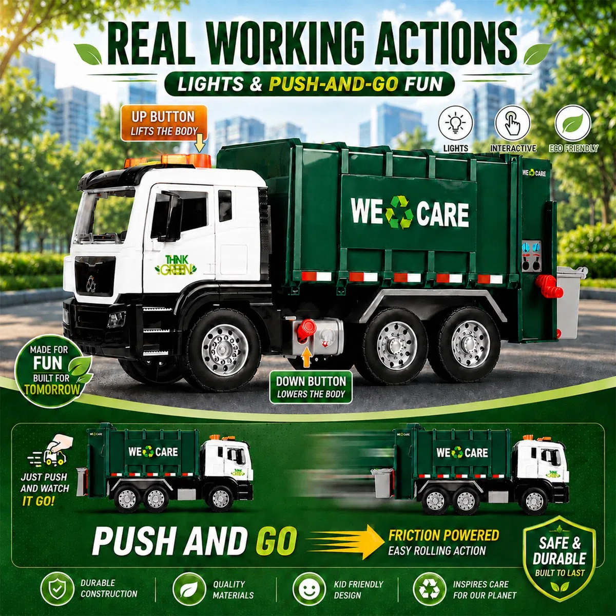BunnyJOY Camion Spazzatura Giocattolo 3-6 Anni Luci e Suoni Veicolo Raccolta Rifiuti Regalo Verde