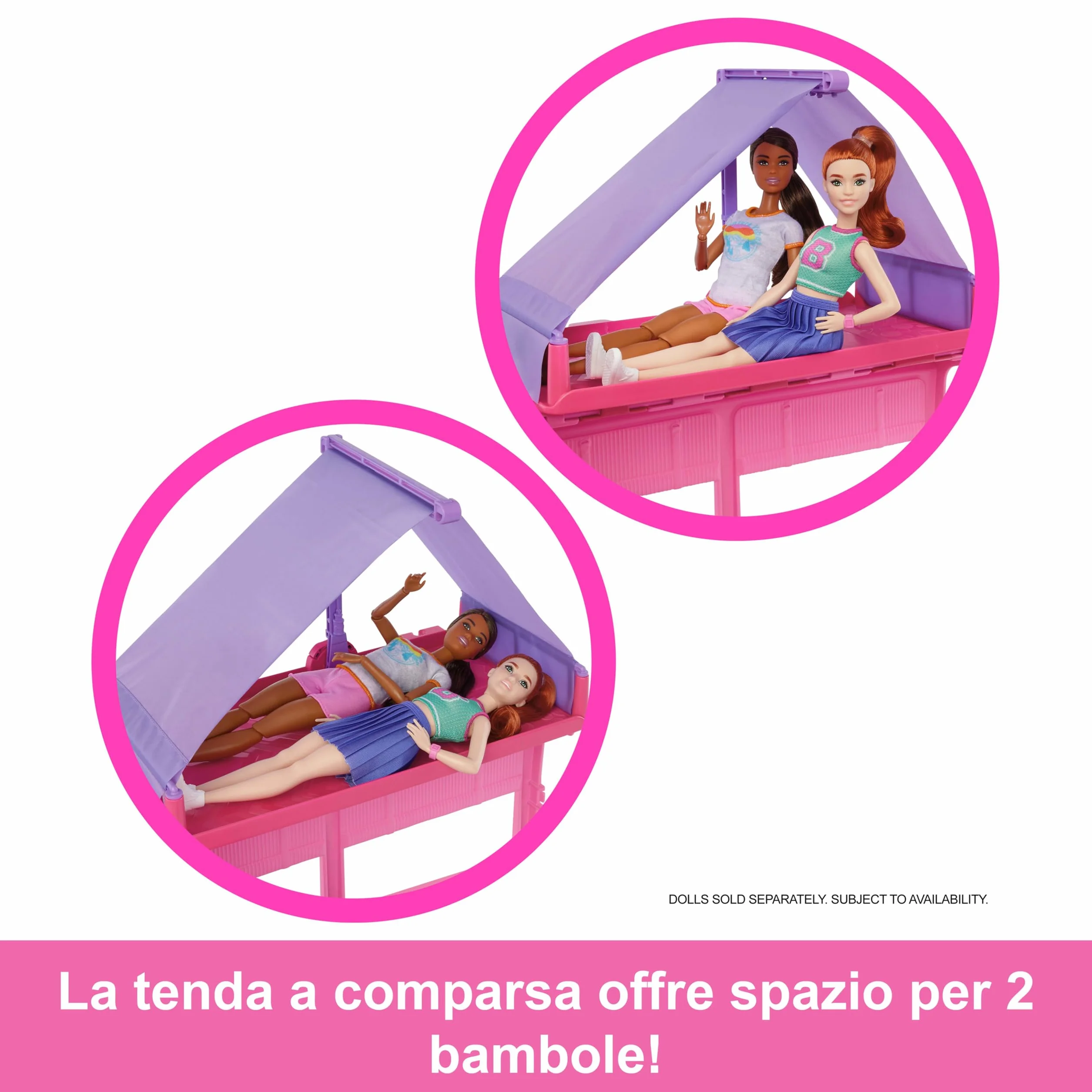 Barbie - Camper dei Sogni, veicolo con oltre 60 accessori e pasta modellabile, effetto cambia colore, include tenda sul tetto e altalena, giocattolo per bambini, 3+ anni, HRJ78