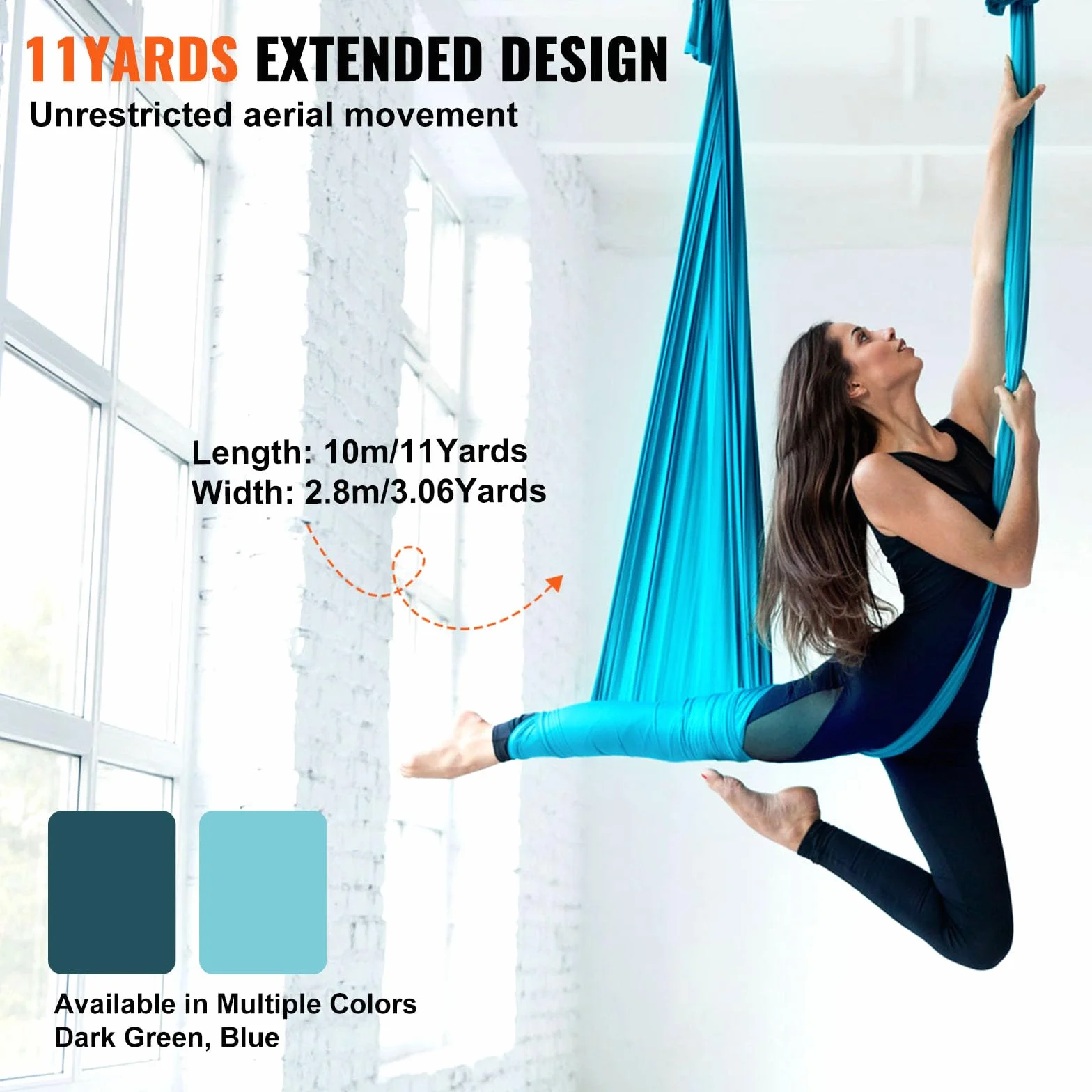 VEVOR Altalena per Yoga e Seta Aerea, 11 Metri, Kit Amaca per Yoga Aerea con Tessuto in Nylon da 100 g/m², Hardware Completo per L'attrezzatura e Guida di Installazione Facile, Blu